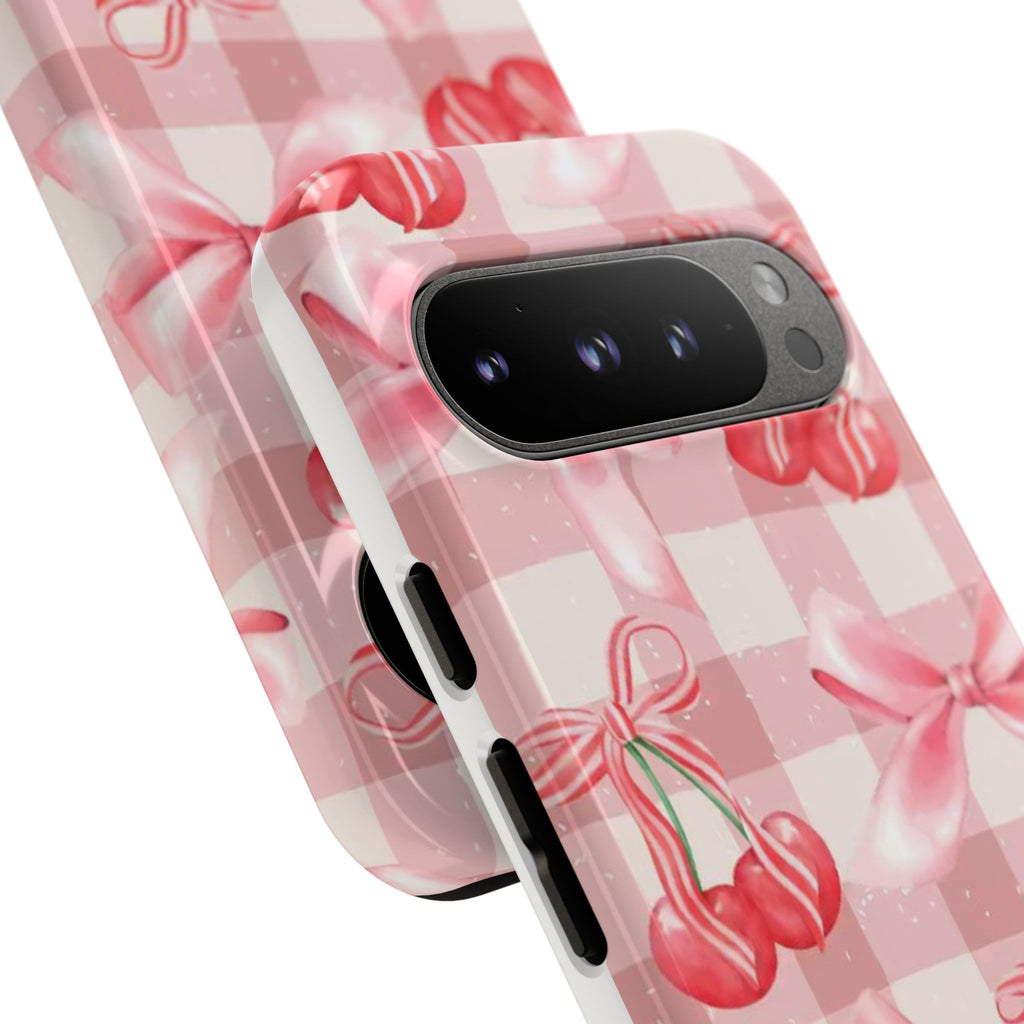 Pink Cherry Bow Phone Case — Cute Gingham Cherry Pattern