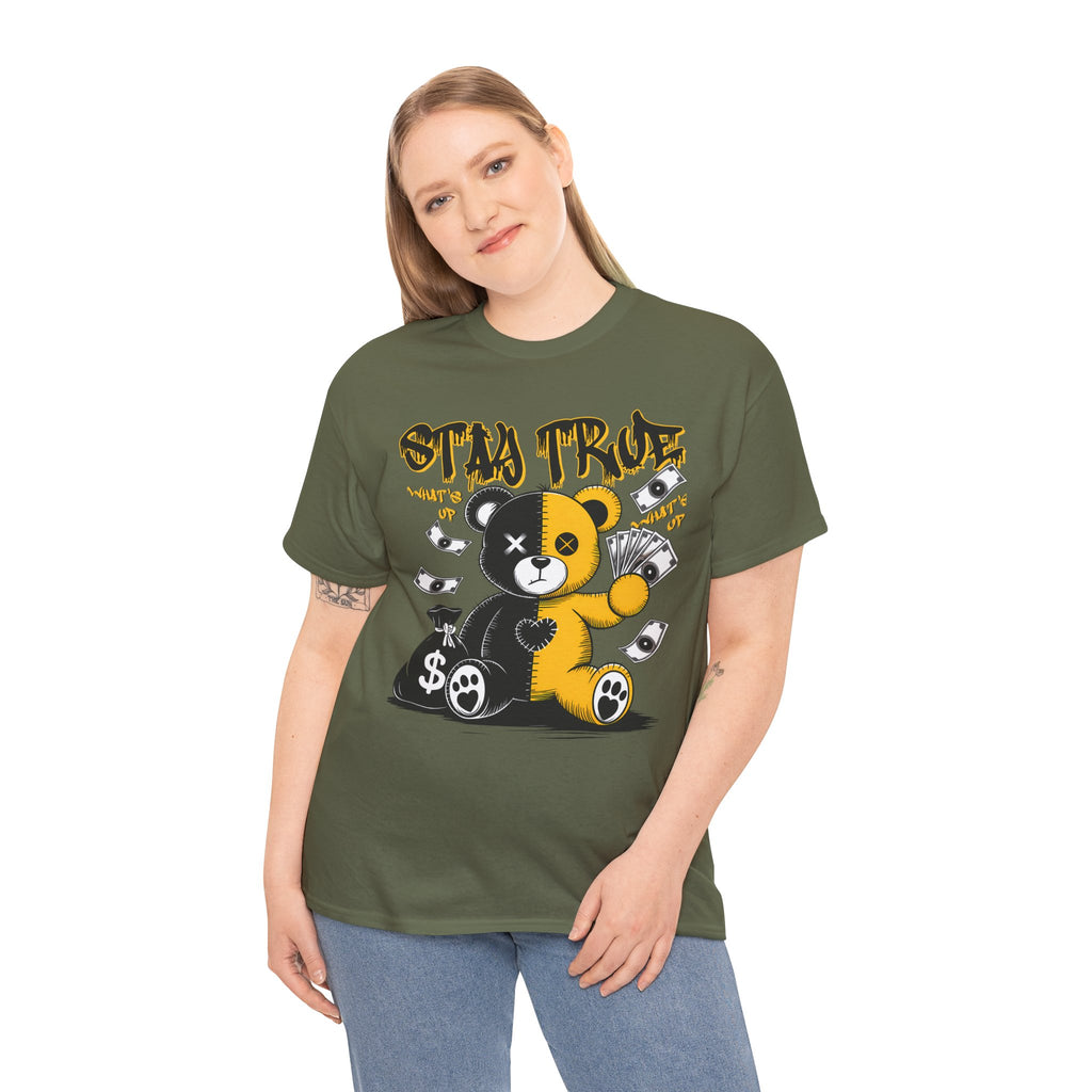 Stay True Bear Graphic Tee — Cute Black & Yellow Money Bear Shirt