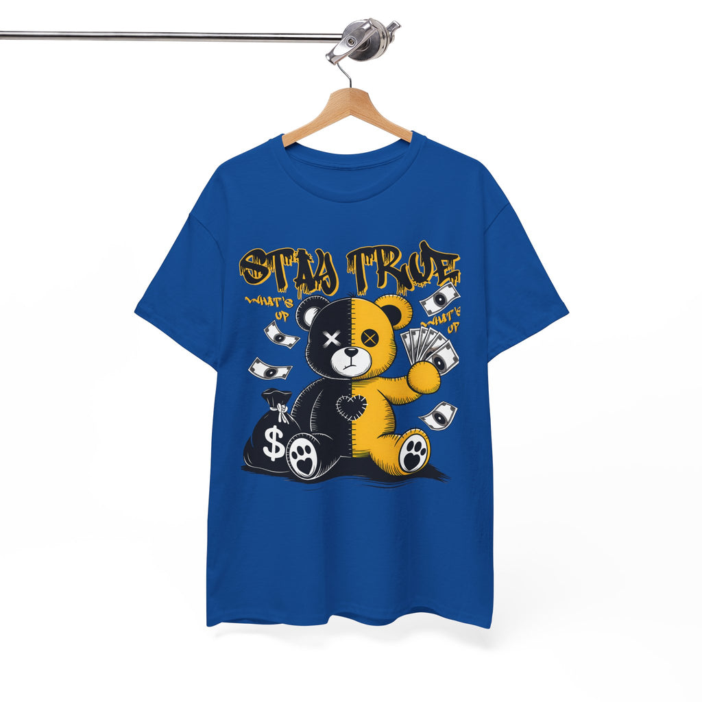 Stay True Bear Graphic Tee — Cute Black & Yellow Money Bear Shirt