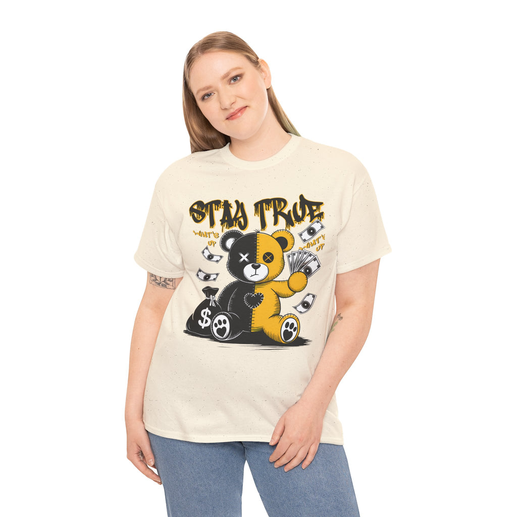 Stay True Bear Graphic Tee — Cute Black & Yellow Money Bear Shirt