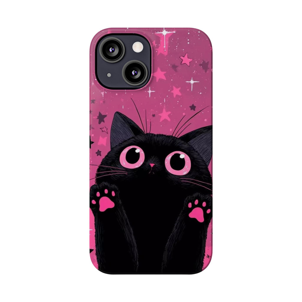 Cute Black Cat with Pink Paws Slim Phone Case | Starry Background