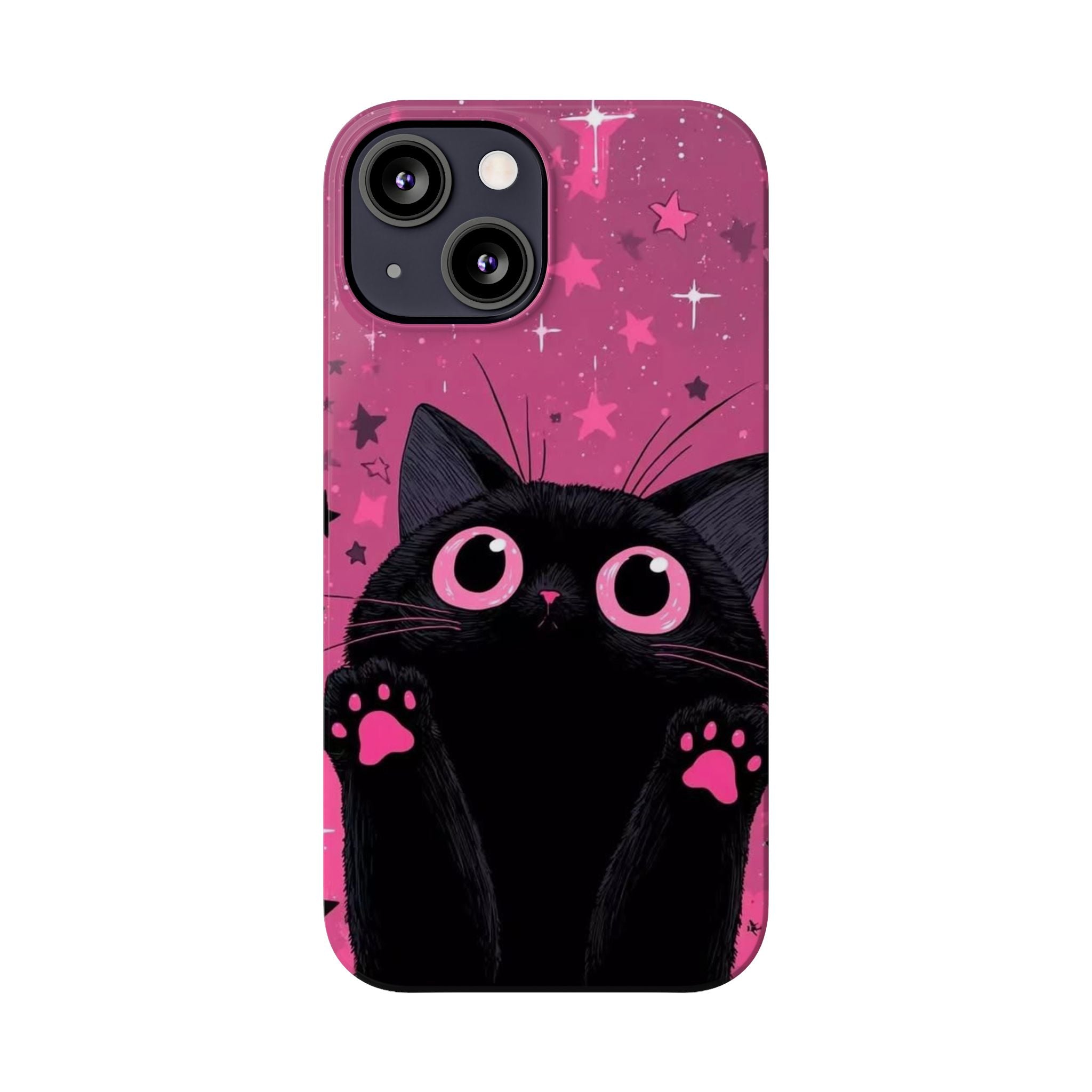 Cute Black Cat with Pink Paws Slim Phone Case | Starry Background