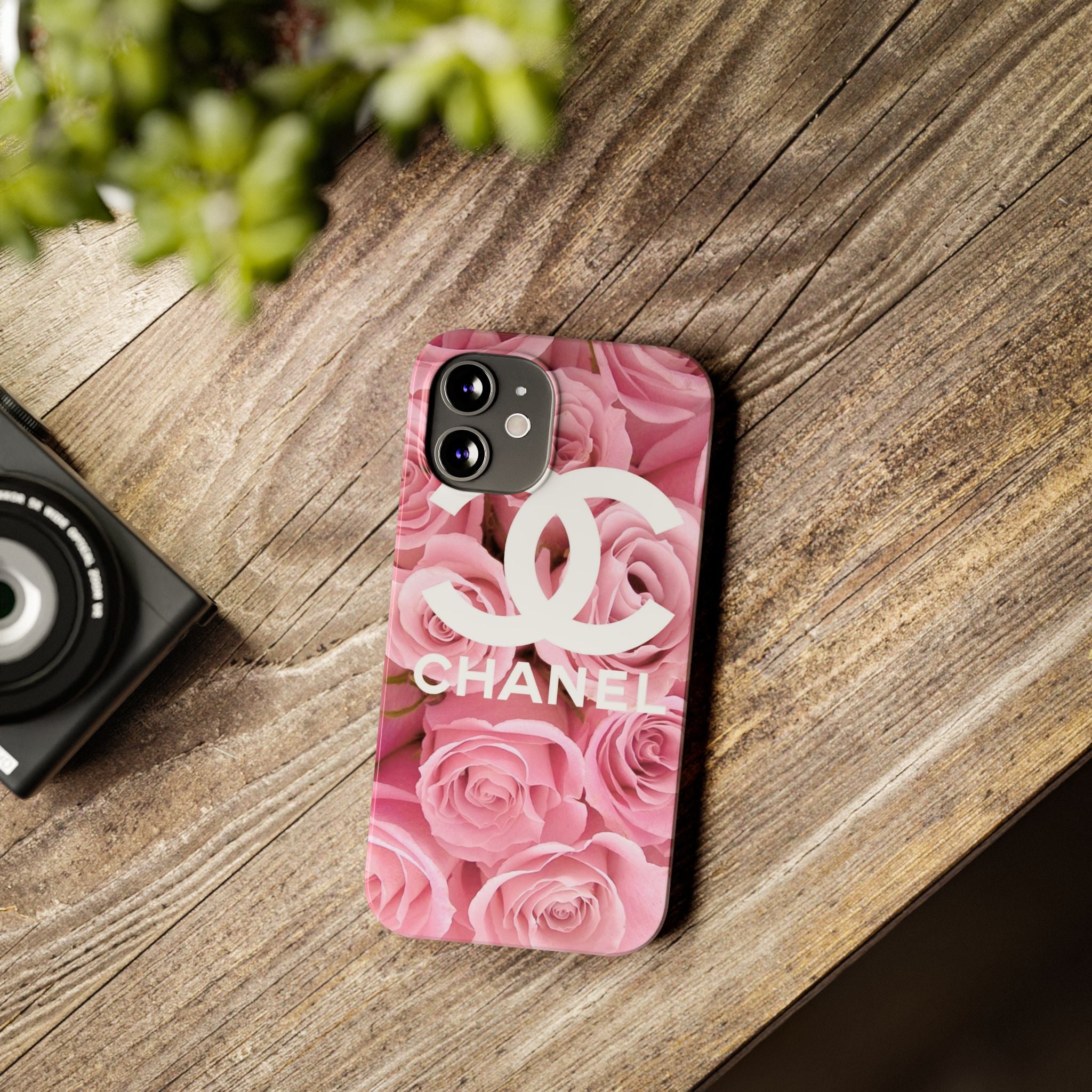 Slim Phone Case — Pink Rose Floral Design with Luxury Logo