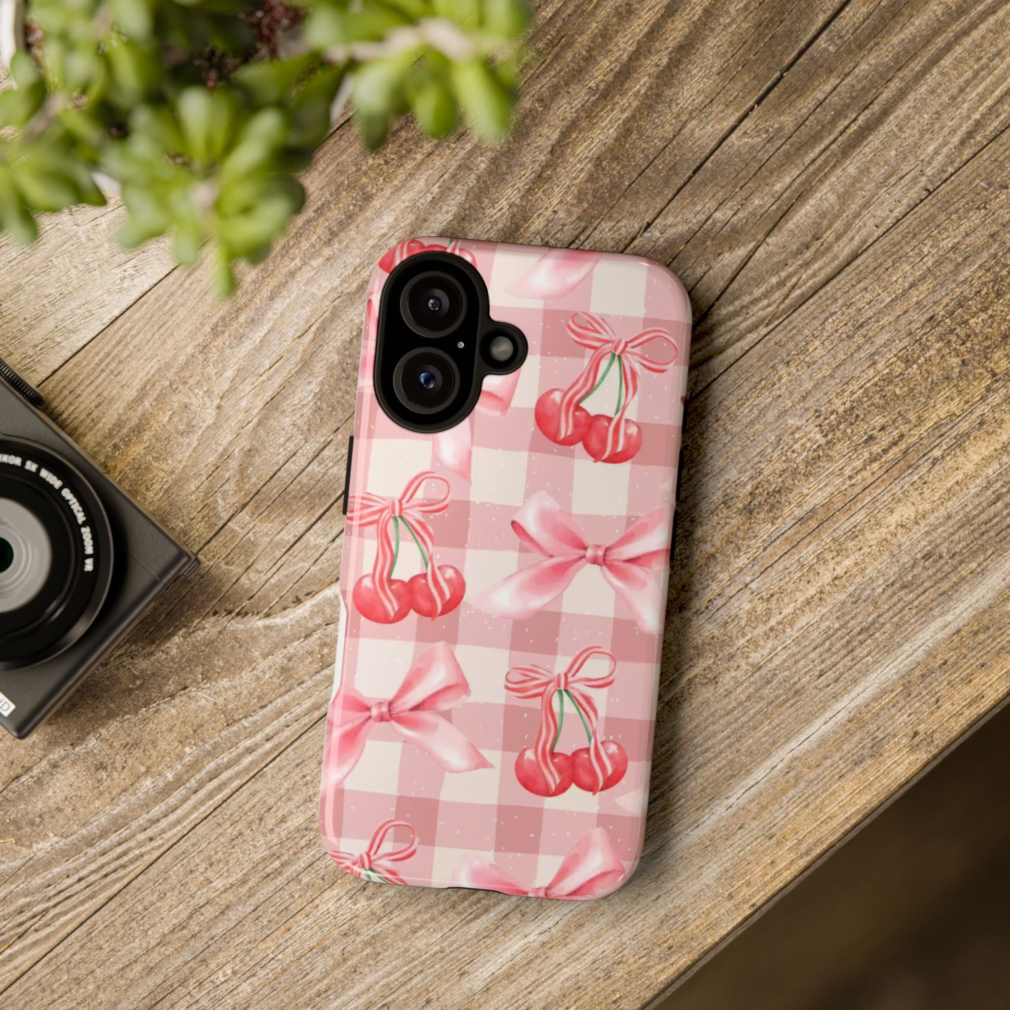 Pink Cherry Bow Phone Case — Cute Gingham Cherry Pattern