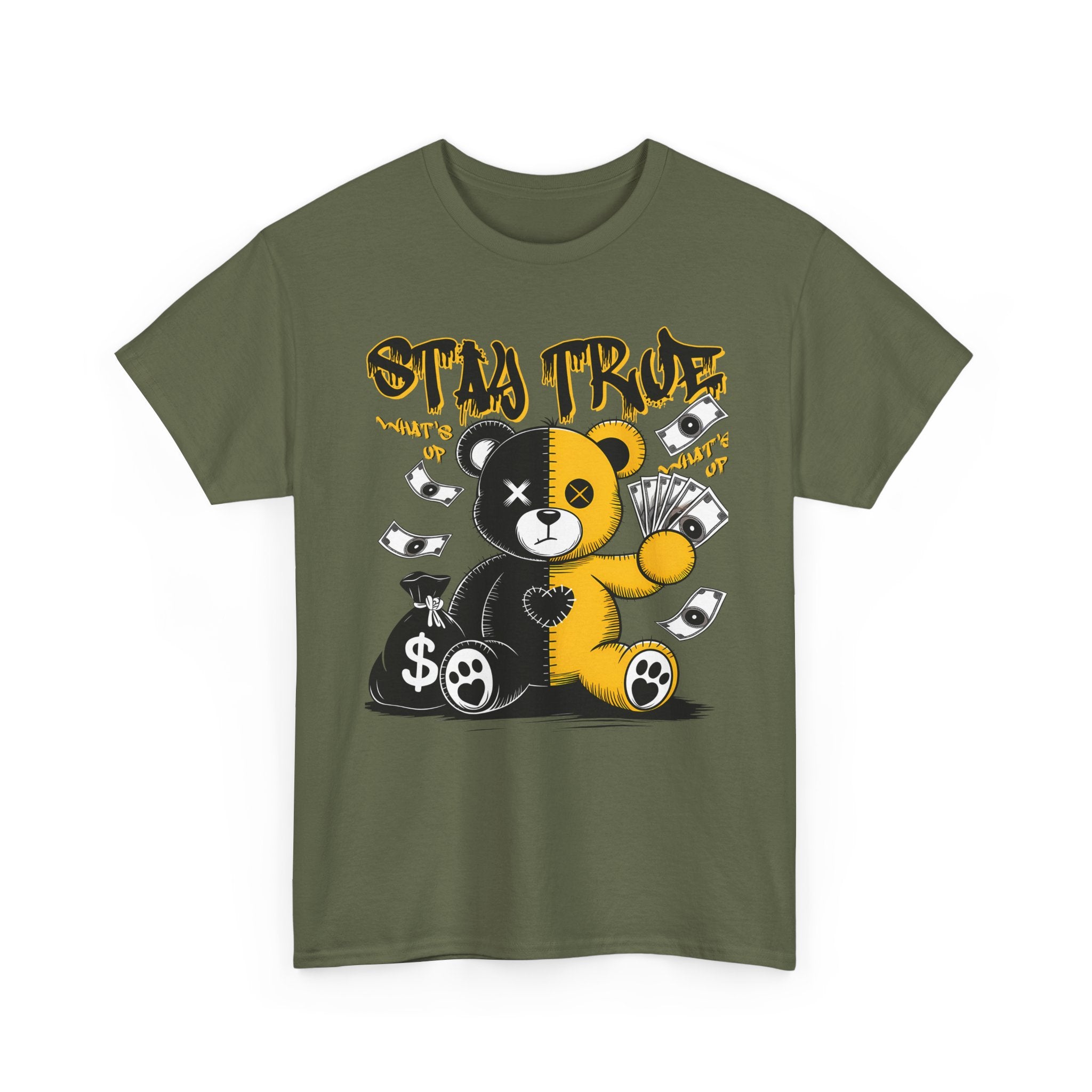 Stay True Bear Graphic Tee — Cute Black & Yellow Money Bear Shirt