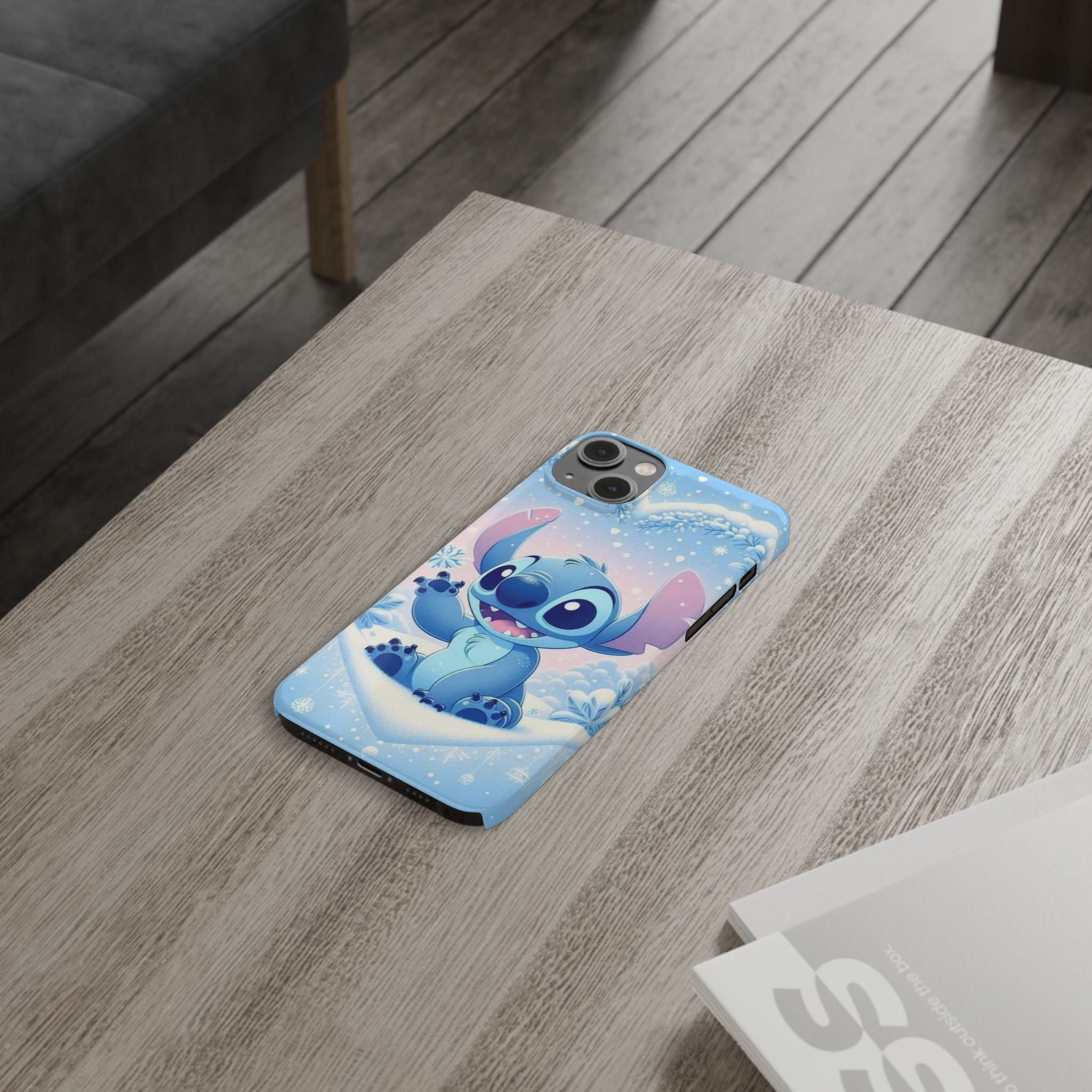Cute Blue Alien Character Slim Phone Case | Snow Heart Pattern