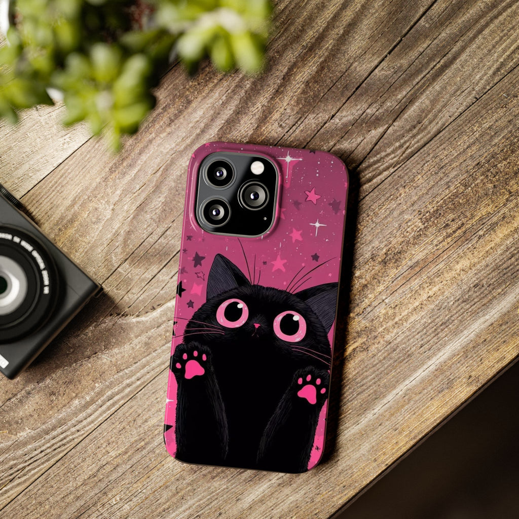 Cute Black Cat with Pink Paws Slim Phone Case | Starry Background