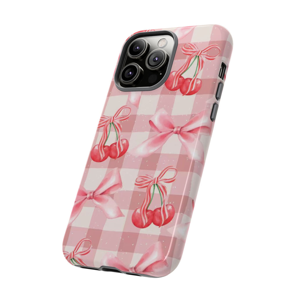 Pink Cherry Bow Phone Case — Cute Gingham Cherry Pattern