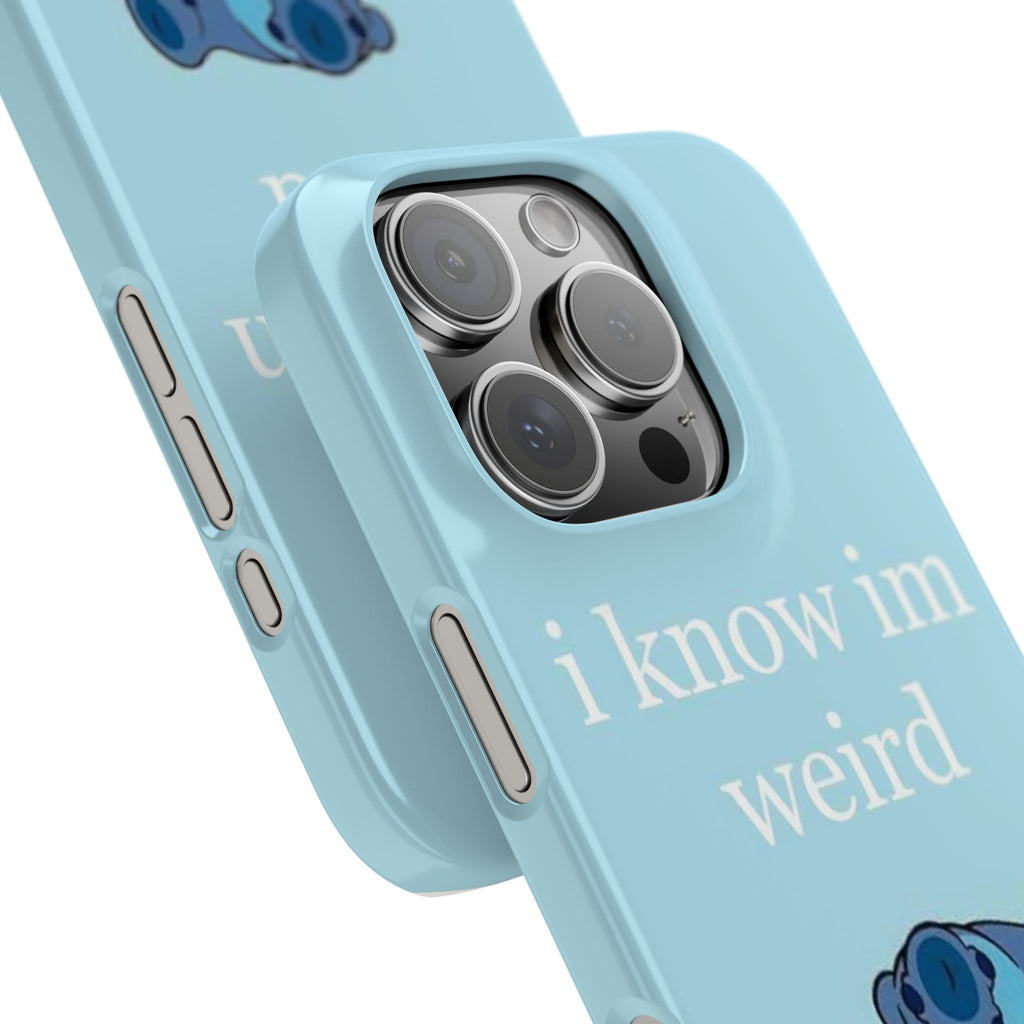 Slim Phone Case — Cute Blue Stitch Illustration with “i know im weird” Text