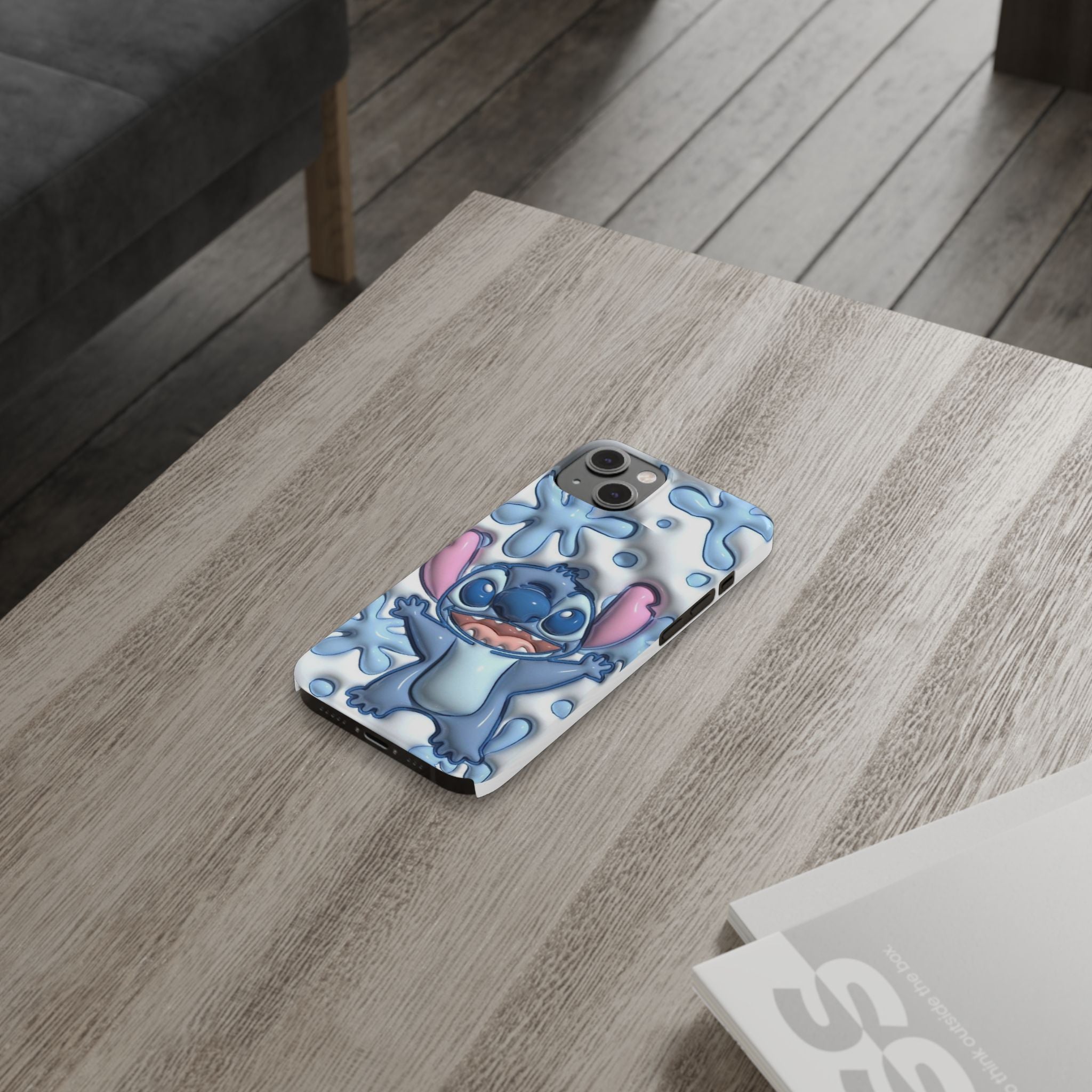 Cute Stitch Slim Phone Case – Blue Splash Cartoon Phone Cover