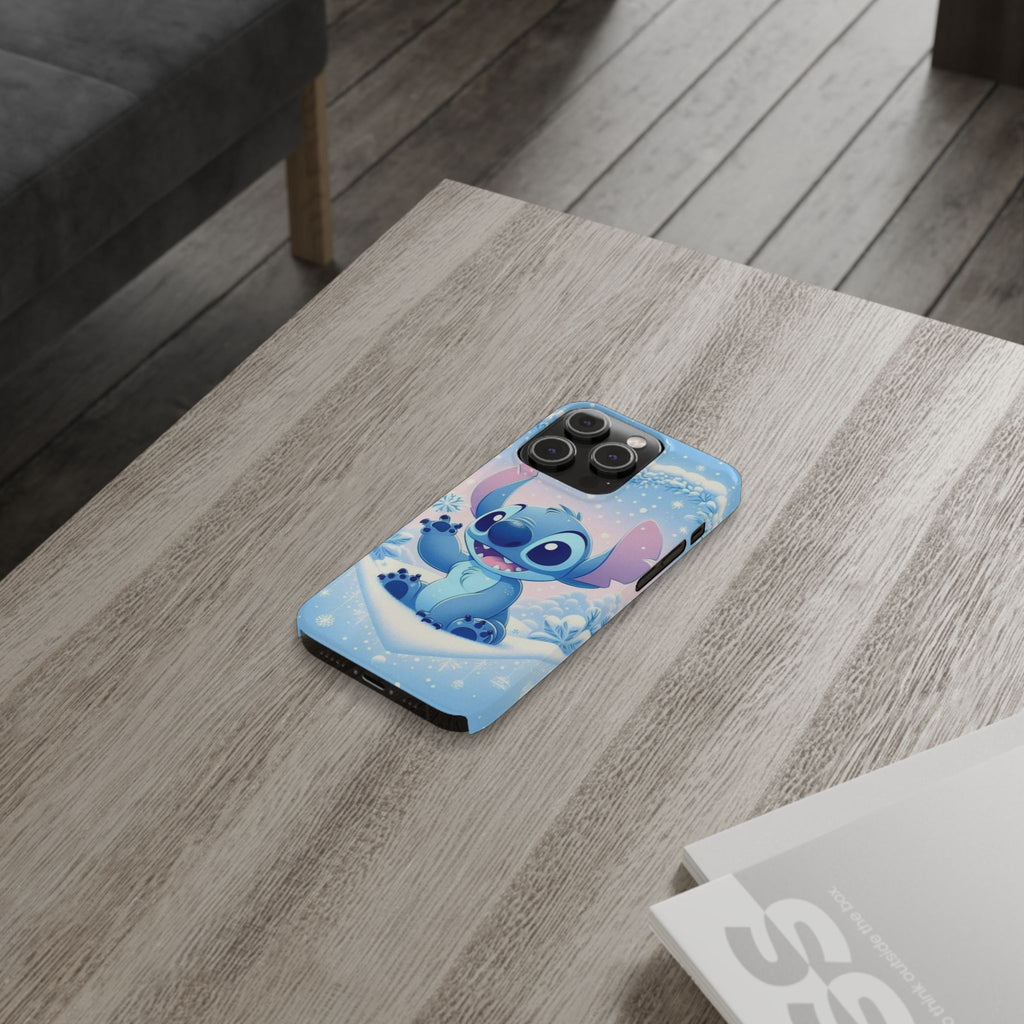Cute Blue Alien Character Slim Phone Case | Snow Heart Pattern