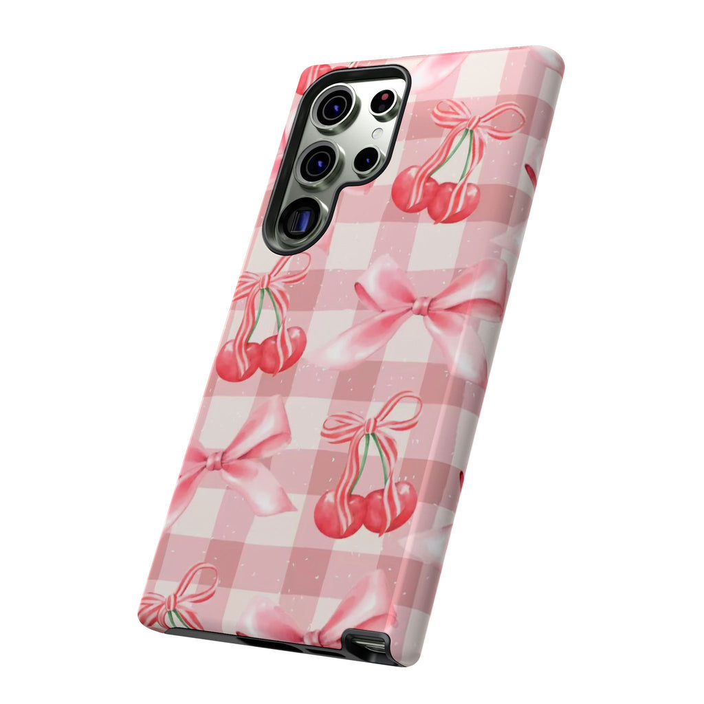 Pink Cherry Bow Phone Case — Cute Gingham Cherry Pattern