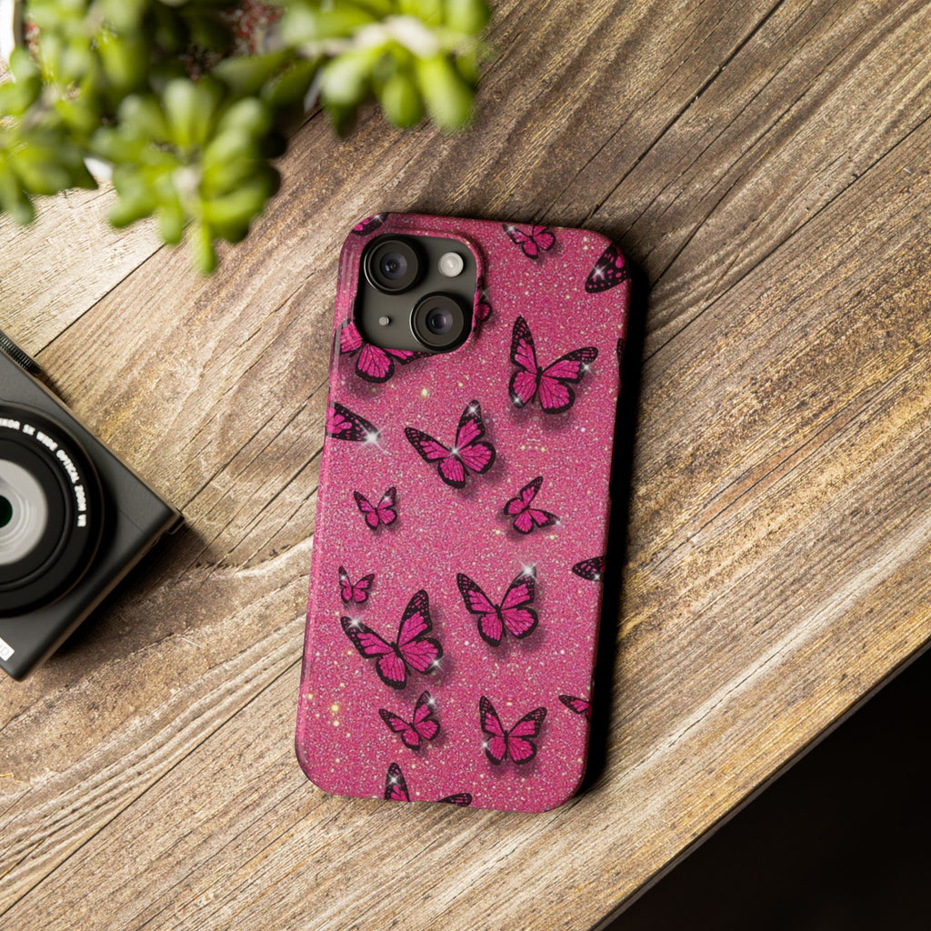 Pink Glitter Butterfly Slim Phone Case — Sparkle Galaxy Floral Phone Cover