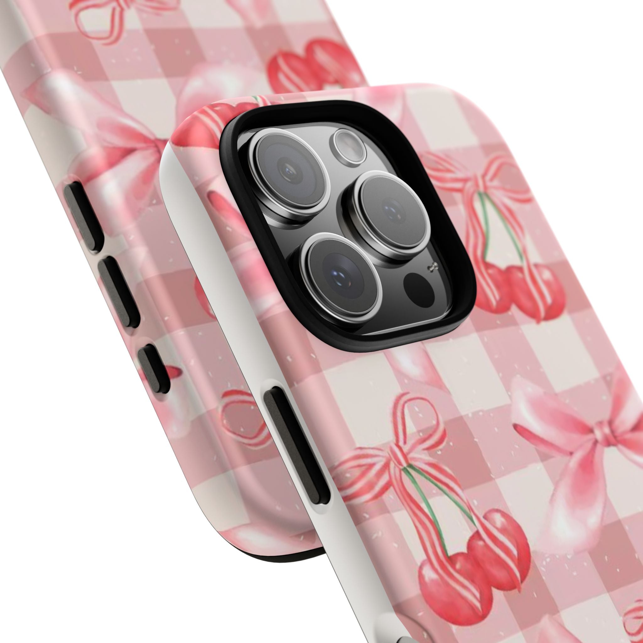 Pink Cherry Bow Phone Case — Cute Gingham Cherry Pattern