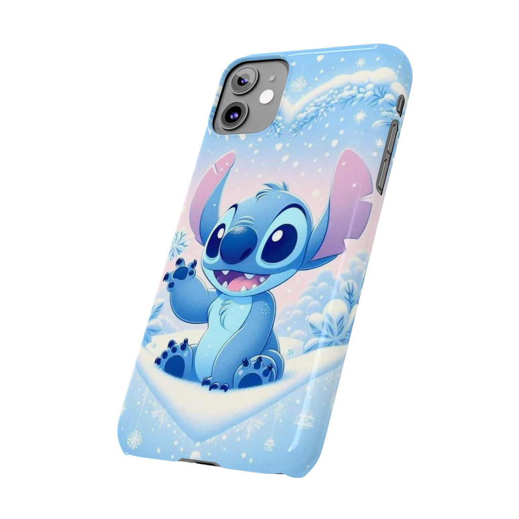 Cute Blue Alien Character Slim Phone Case | Snow Heart Pattern