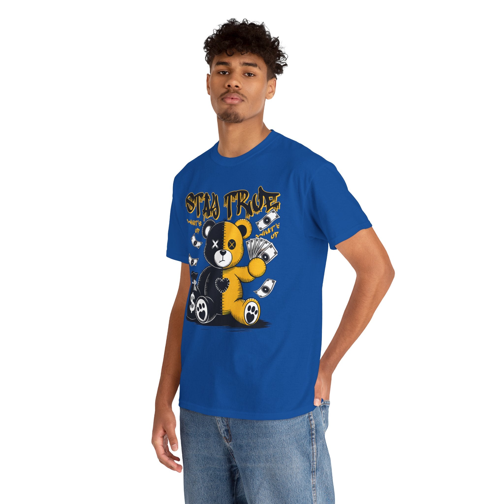 Stay True Bear Graphic Tee — Cute Black & Yellow Money Bear Shirt