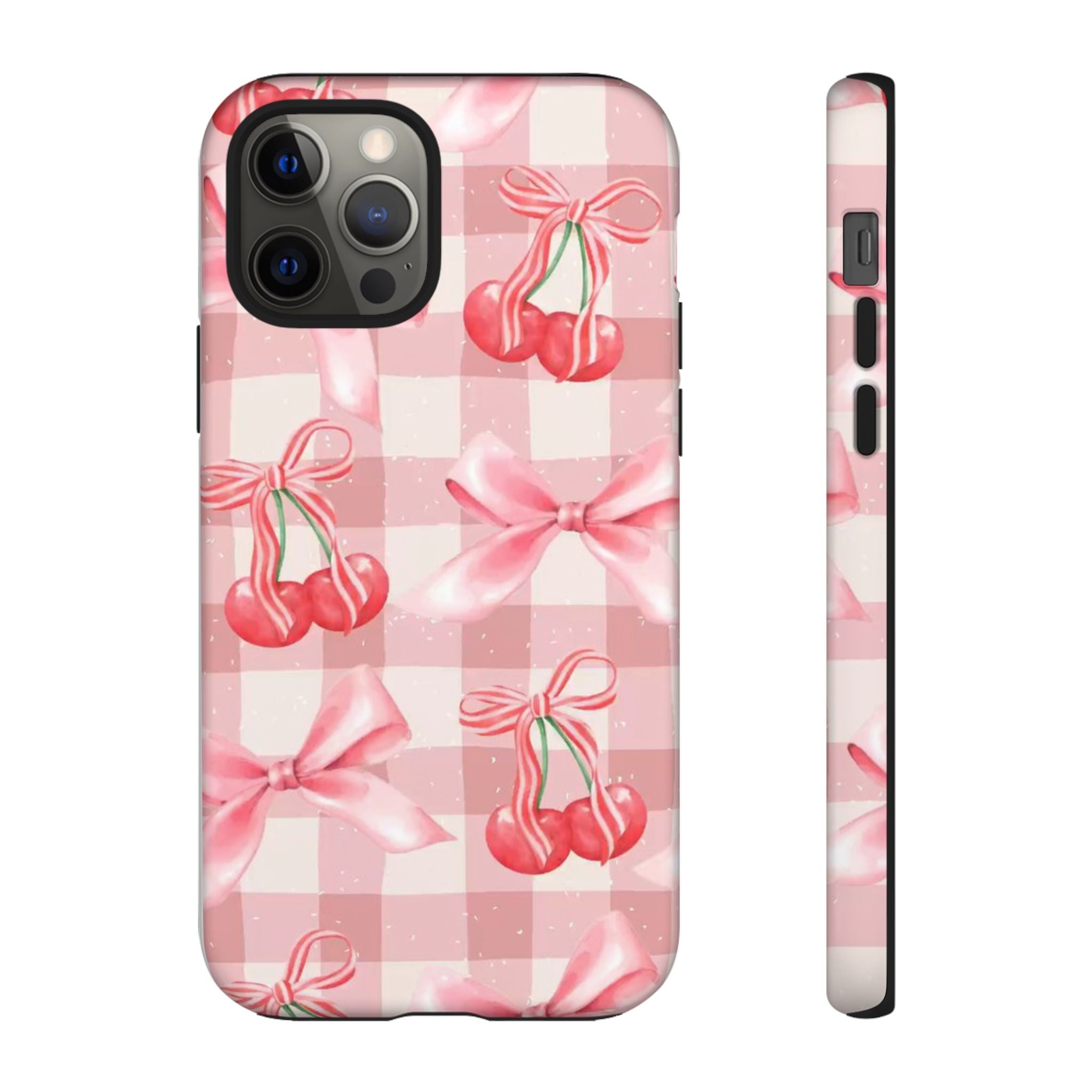 Pink Cherry Bow Phone Case — Cute Gingham Cherry Pattern