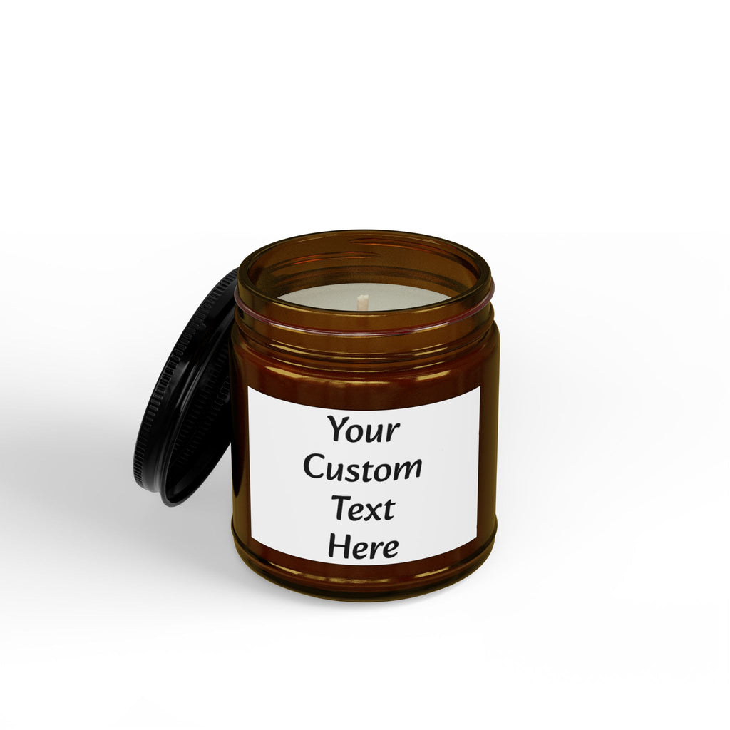 Custom Text Amber Jar Soy Candle 4oz 9oz | Black Lid, Personalized Label