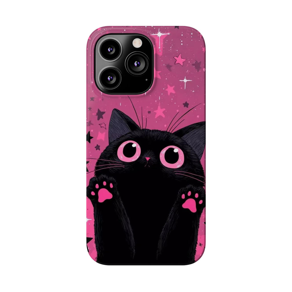 Cute Black Cat with Pink Paws Slim Phone Case | Starry Background