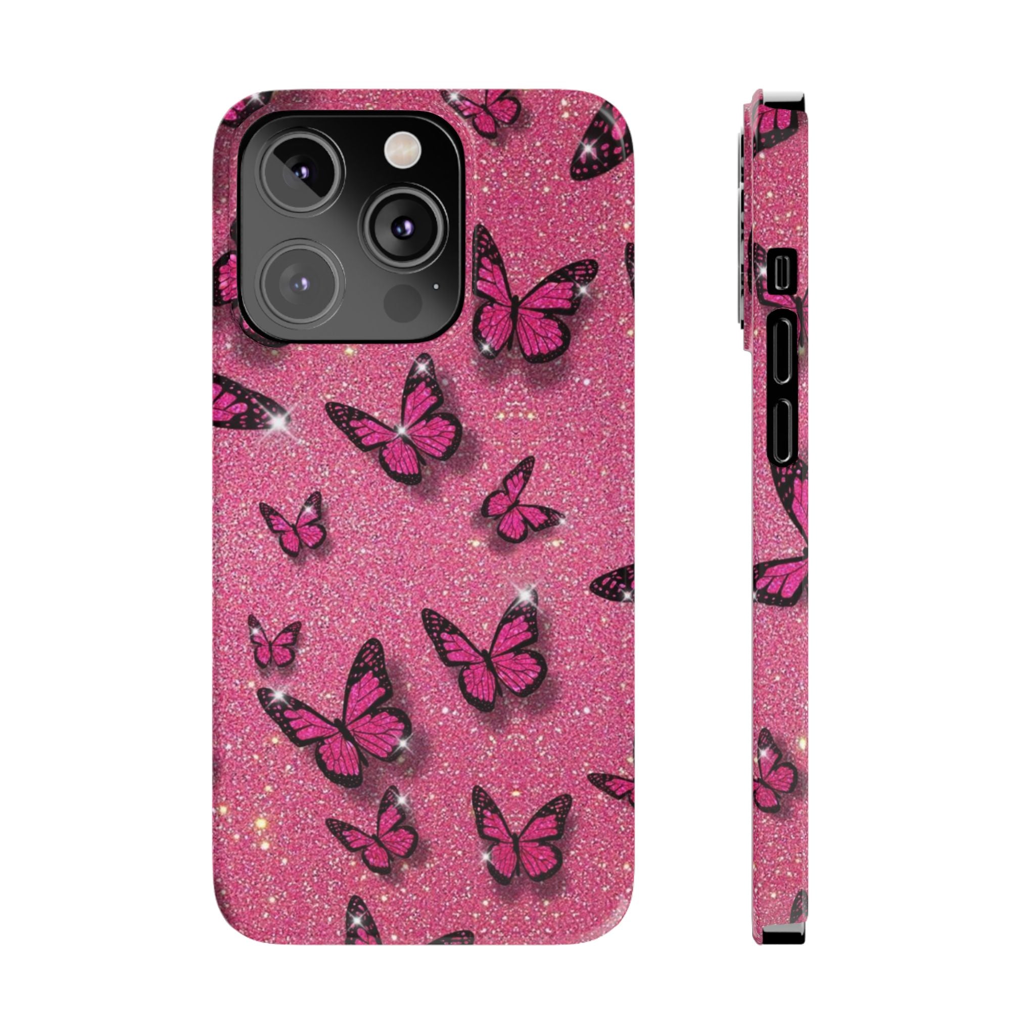 Pink Glitter Butterfly Slim Phone Case — Sparkle Galaxy Floral Phone Cover