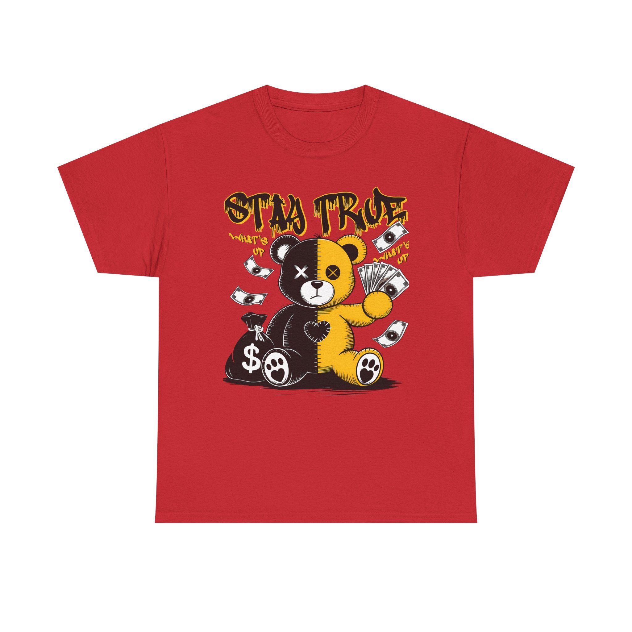 Stay True Bear Graphic Tee — Cute Black & Yellow Money Bear Shirt