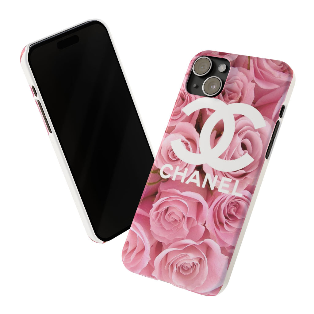 Slim Phone Case — Pink Rose Floral Design with Luxury Logo