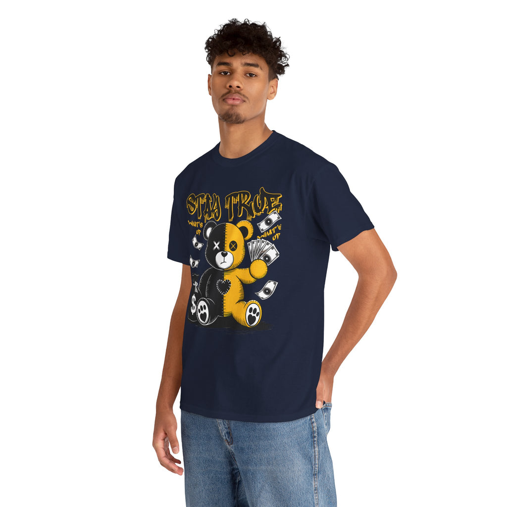 Stay True Bear Graphic Tee — Cute Black & Yellow Money Bear Shirt