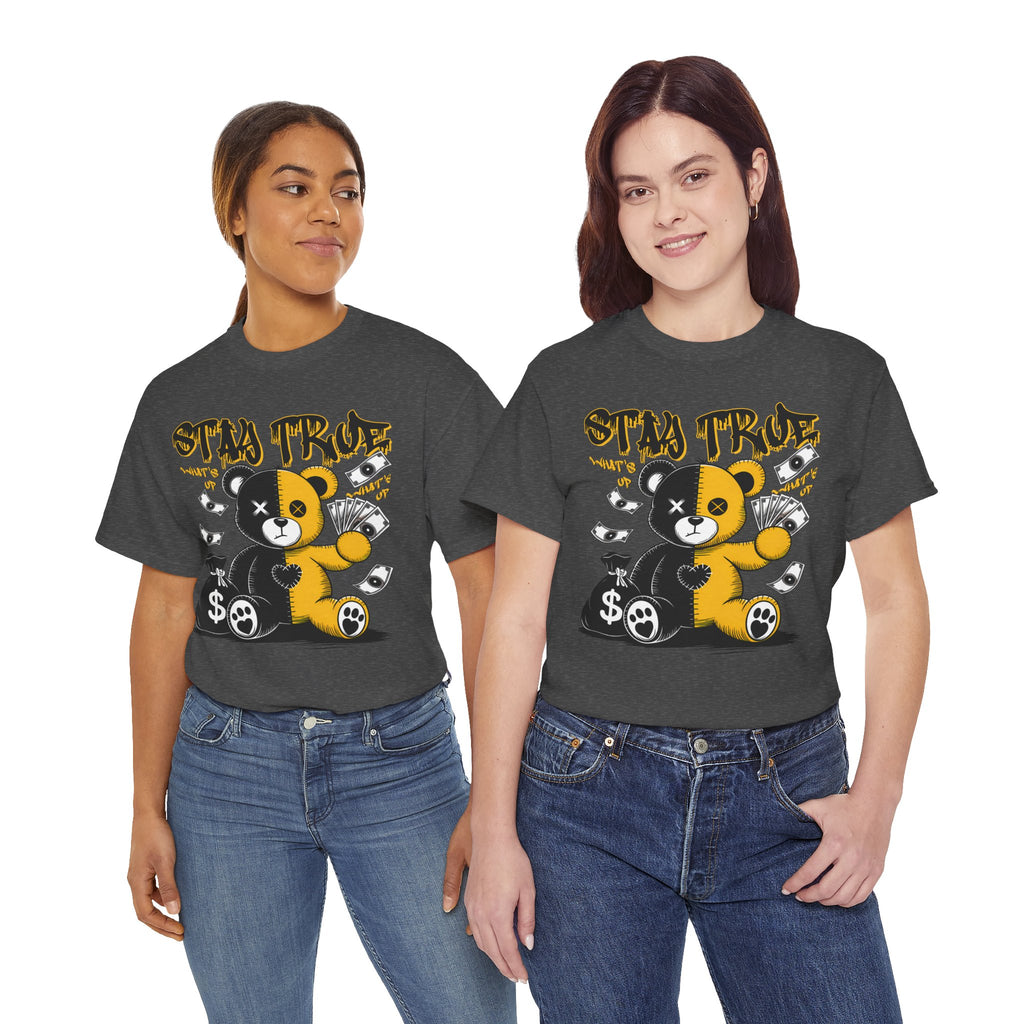Stay True Bear Graphic Tee — Cute Black & Yellow Money Bear Shirt