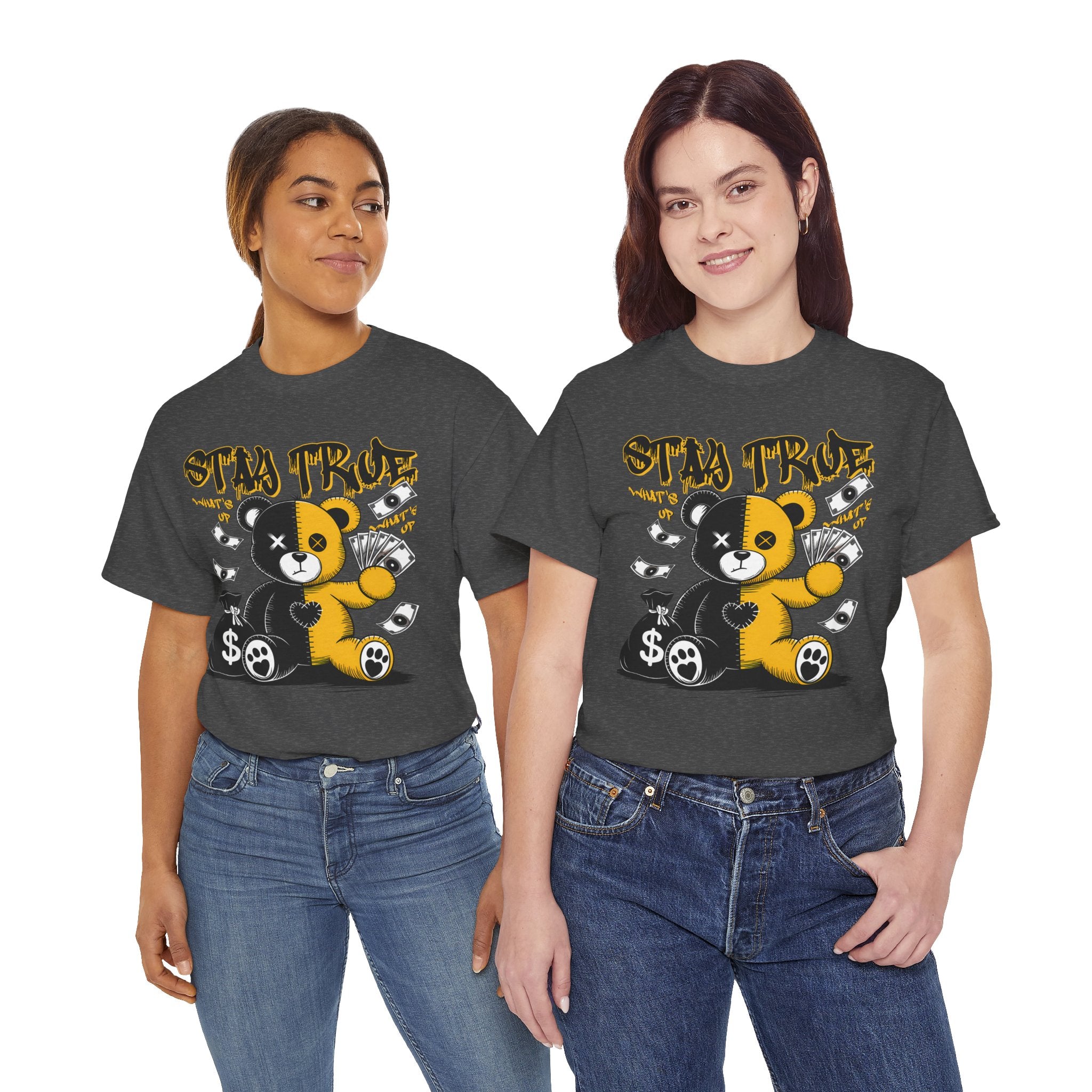 Stay True Bear Graphic Tee — Cute Black & Yellow Money Bear Shirt