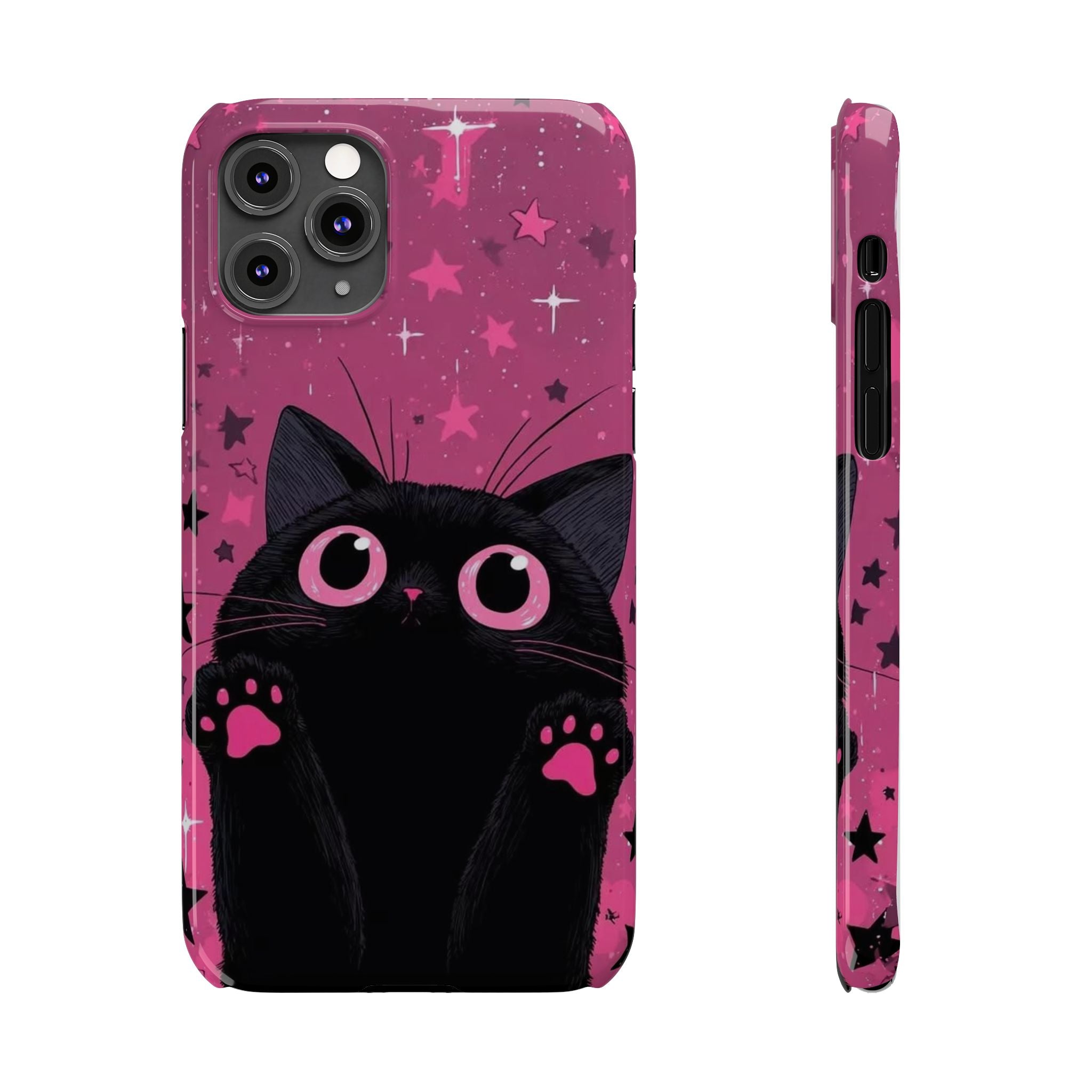 Cute Black Cat with Pink Paws Slim Phone Case | Starry Background