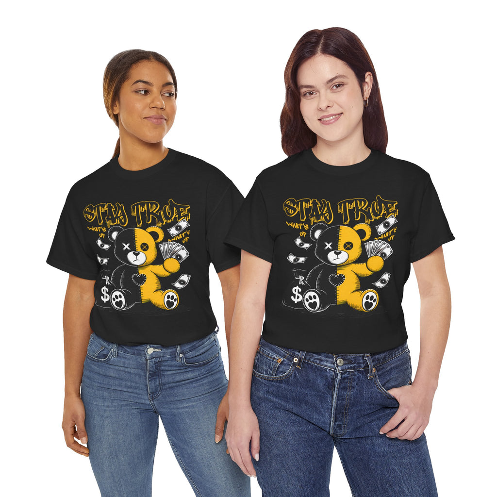 Stay True Bear Graphic Tee — Cute Black & Yellow Money Bear Shirt