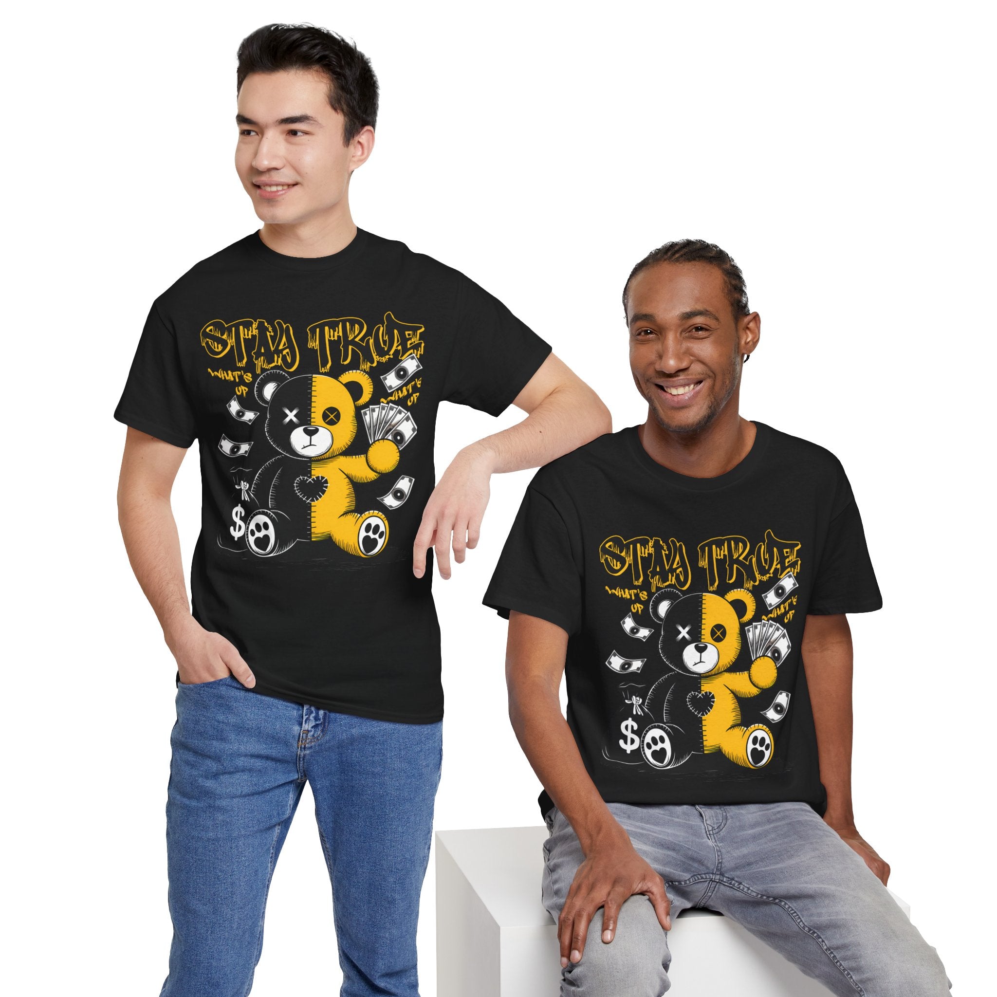 Stay True Bear Graphic Tee — Cute Black & Yellow Money Bear Shirt