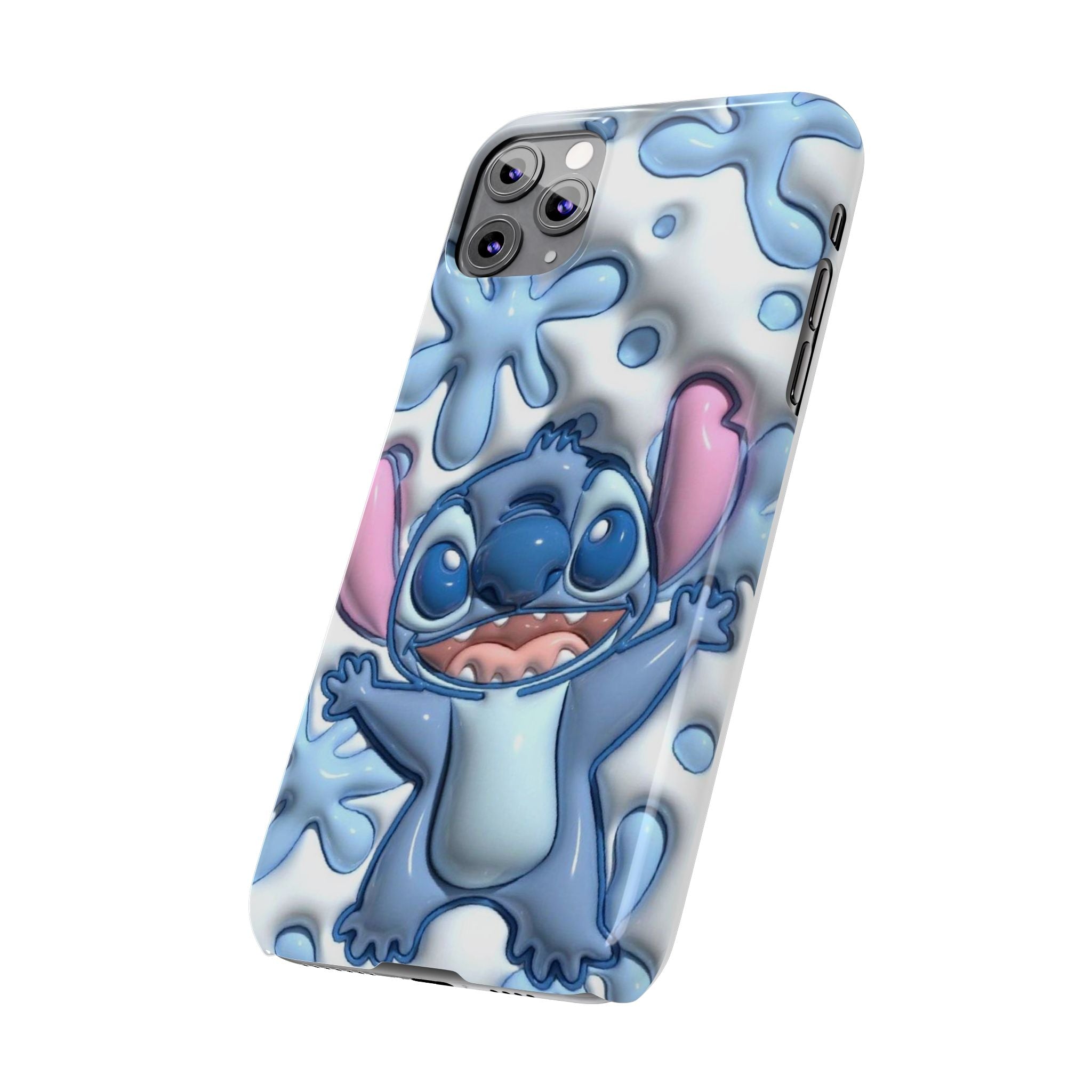 Cute Stitch Slim Phone Case – Blue Splash Cartoon Phone Cover