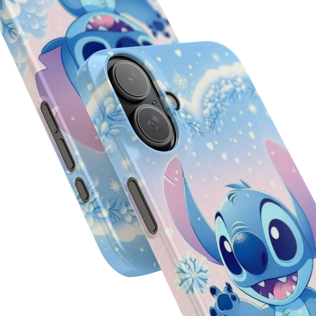 Cute Blue Alien Character Slim Phone Case | Snow Heart Pattern