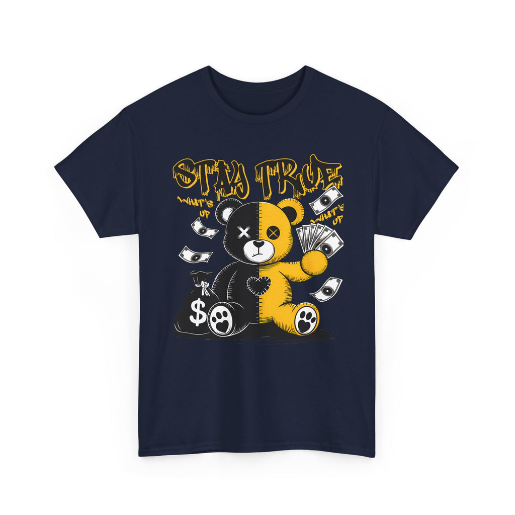 Stay True Bear Graphic Tee — Cute Black & Yellow Money Bear Shirt