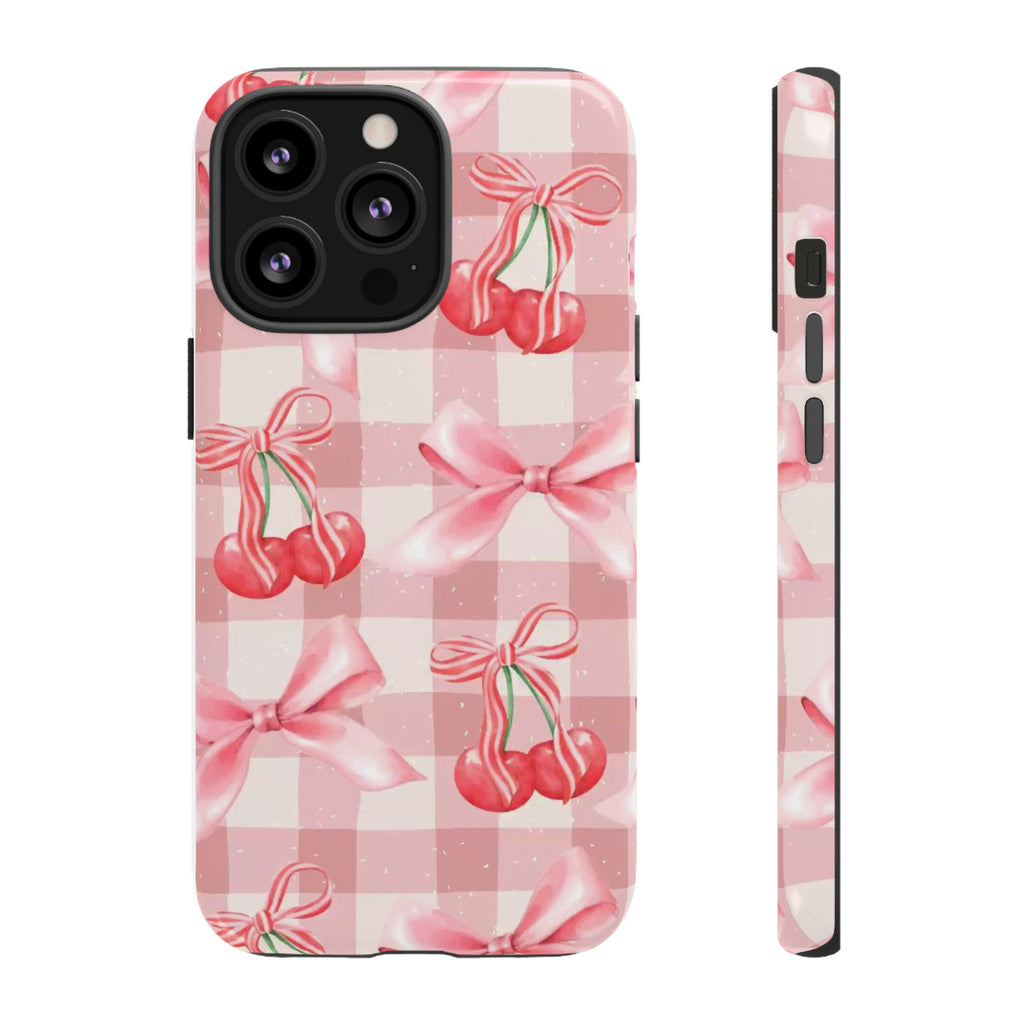 Pink Cherry Bow Phone Case — Cute Gingham Cherry Pattern