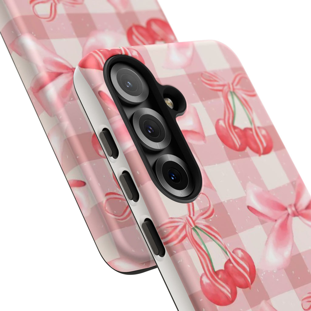 Pink Cherry Bow Phone Case — Cute Gingham Cherry Pattern