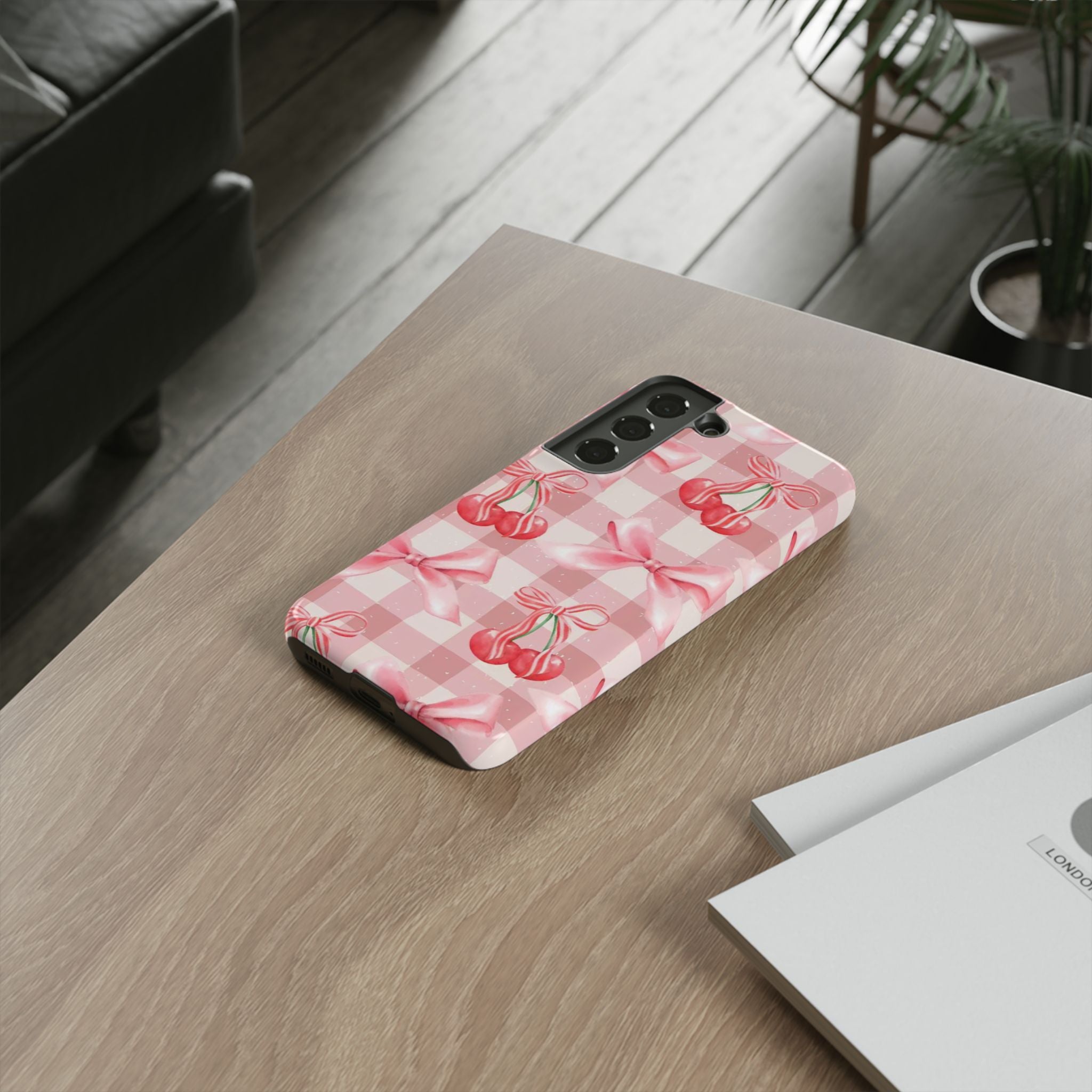 Pink Cherry Bow Phone Case — Cute Gingham Cherry Pattern