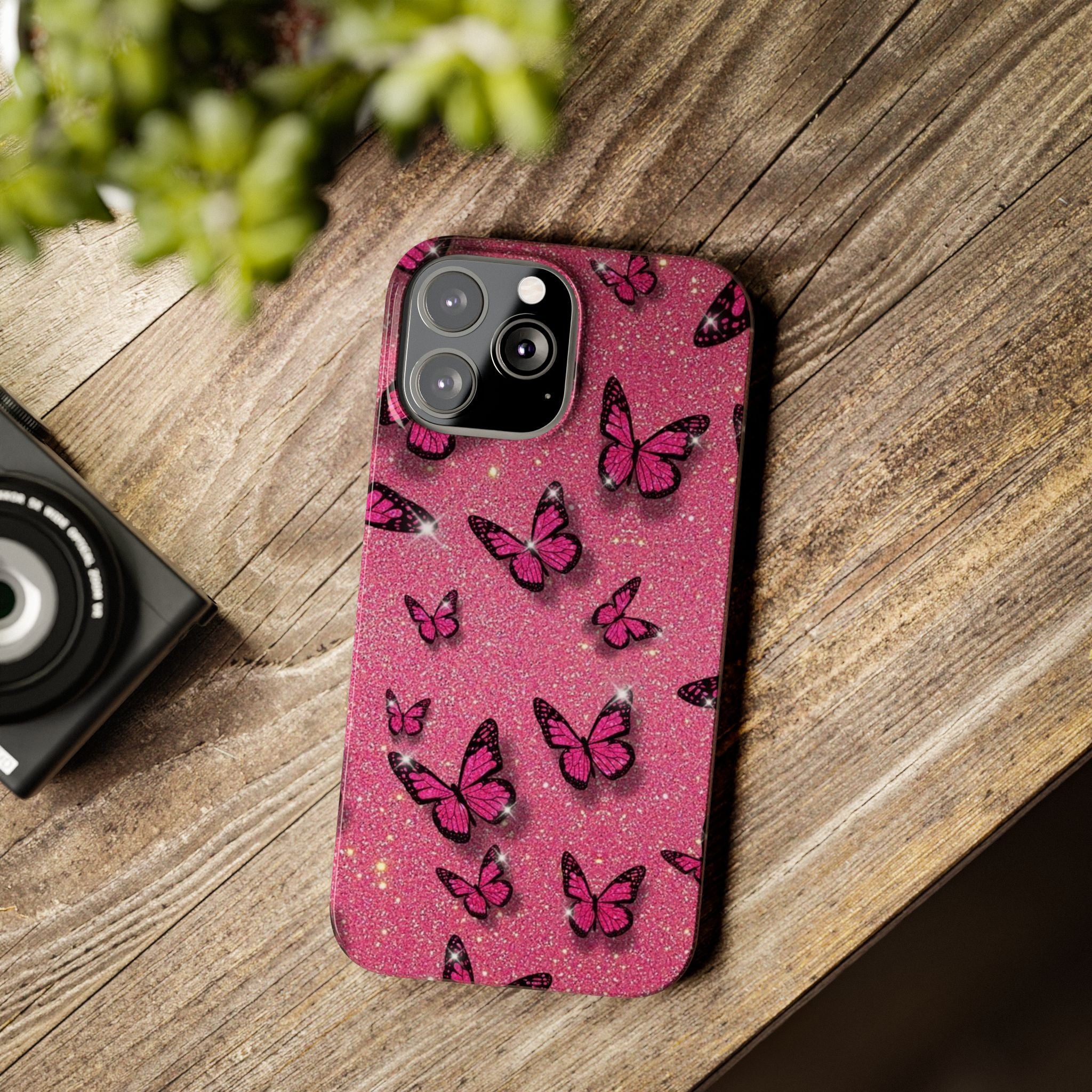 Pink Glitter Butterfly Slim Phone Case — Sparkle Galaxy Floral Phone Cover
