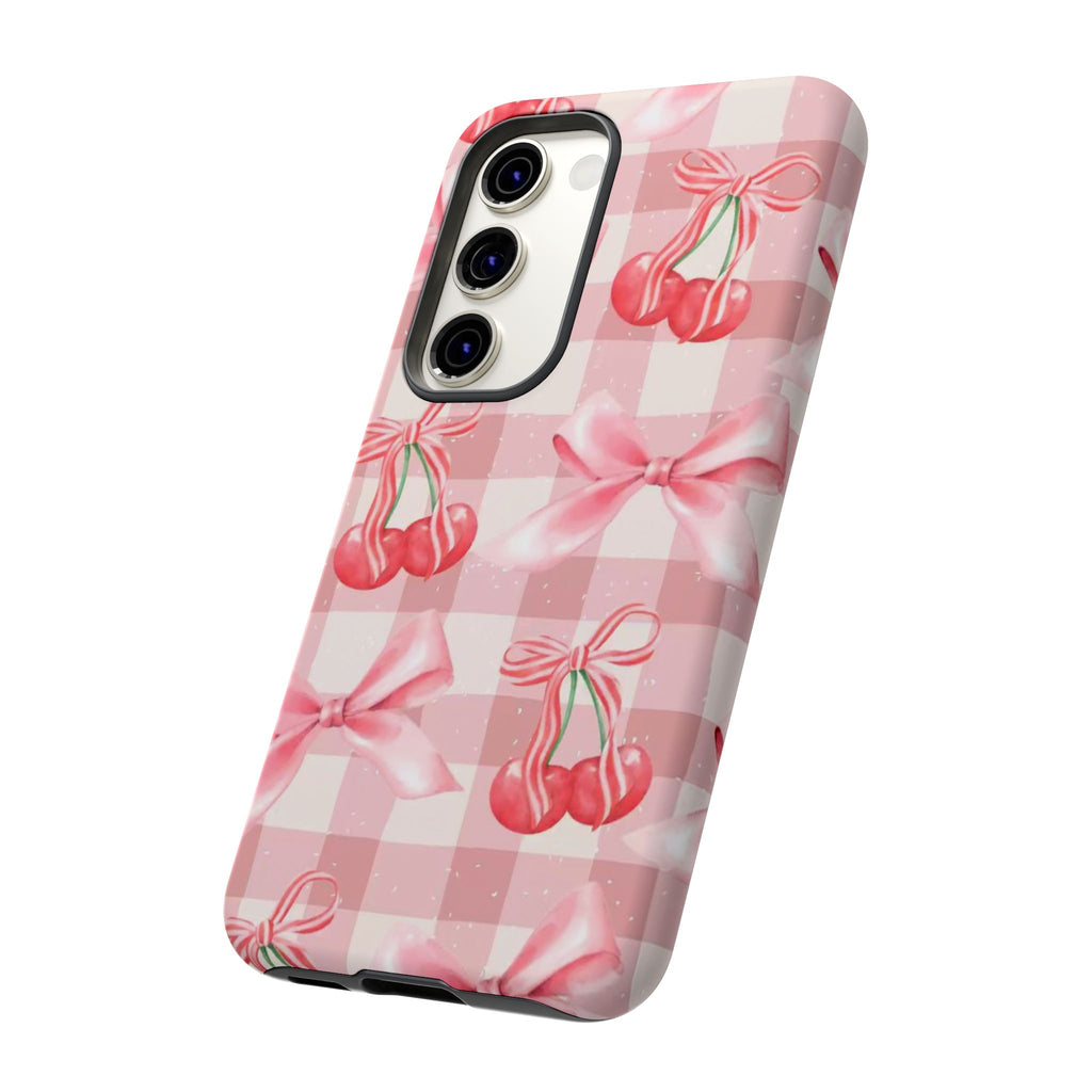 Pink Cherry Bow Phone Case — Cute Gingham Cherry Pattern