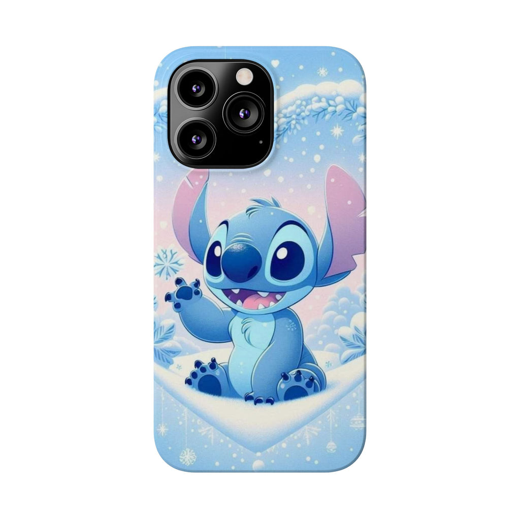 Cute Blue Alien Character Slim Phone Case | Snow Heart Pattern