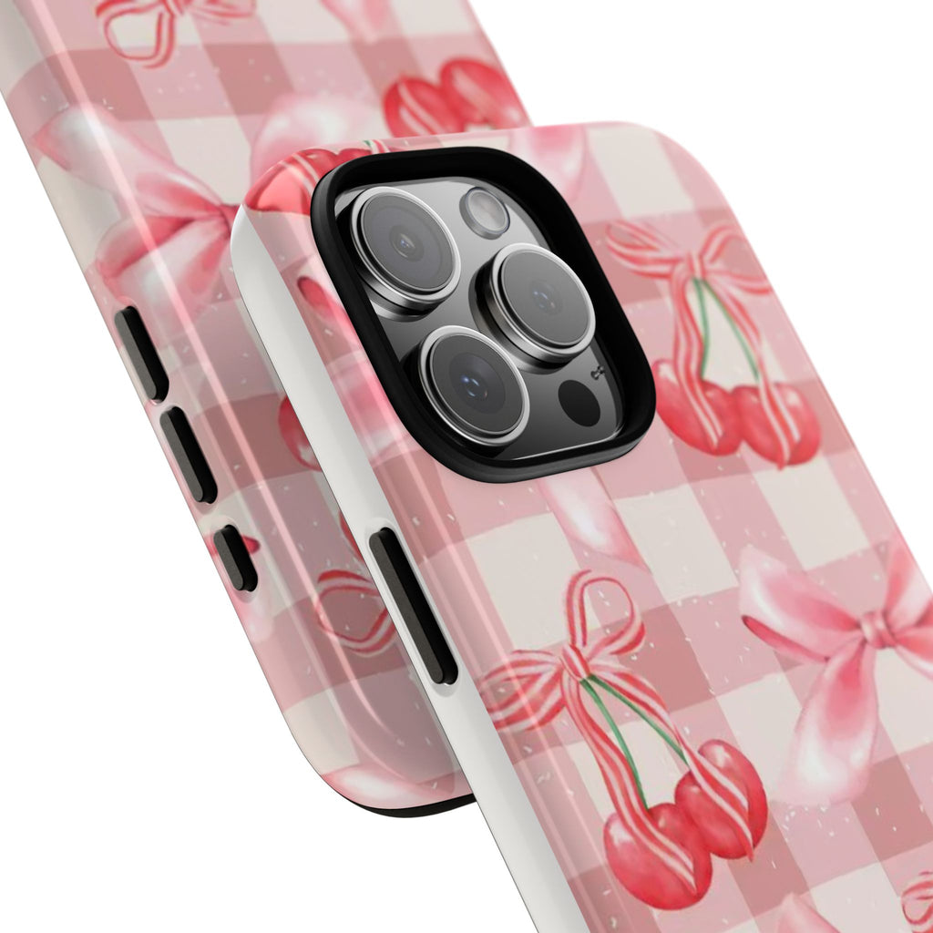 Pink Cherry Bow Phone Case — Cute Gingham Cherry Pattern
