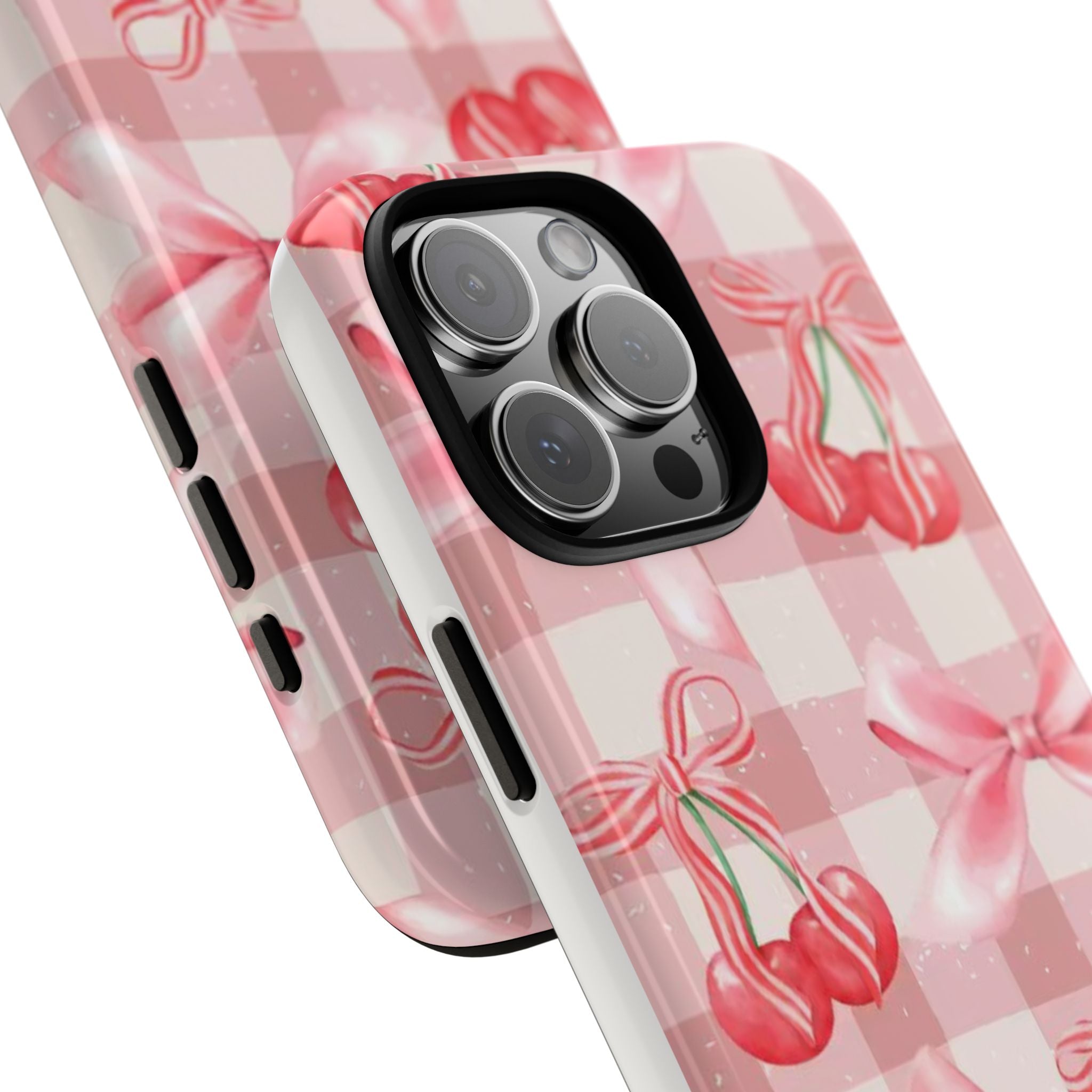 Pink Cherry Bow Phone Case — Cute Gingham Cherry Pattern