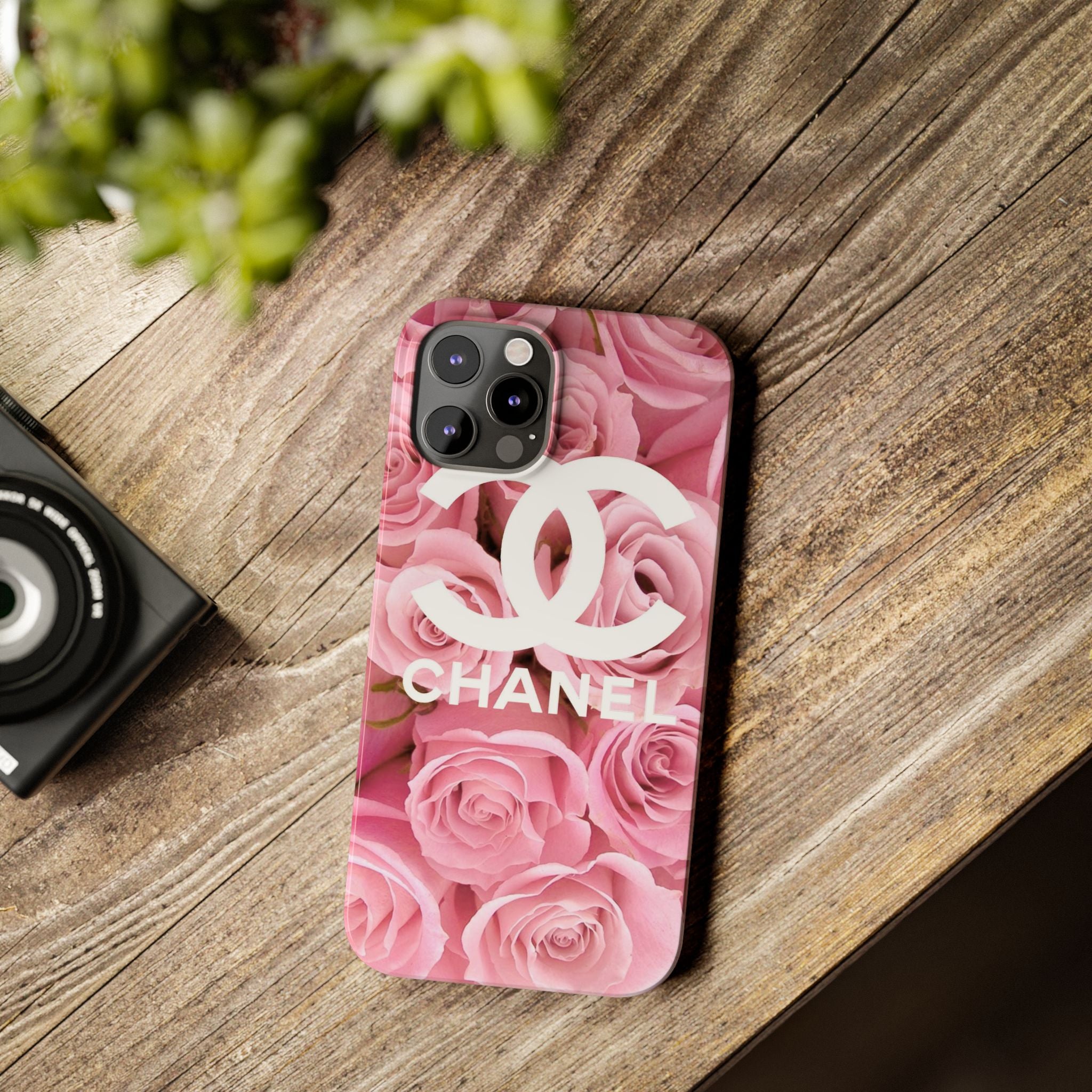 Slim Phone Case — Pink Rose Floral Design with Luxury Logo