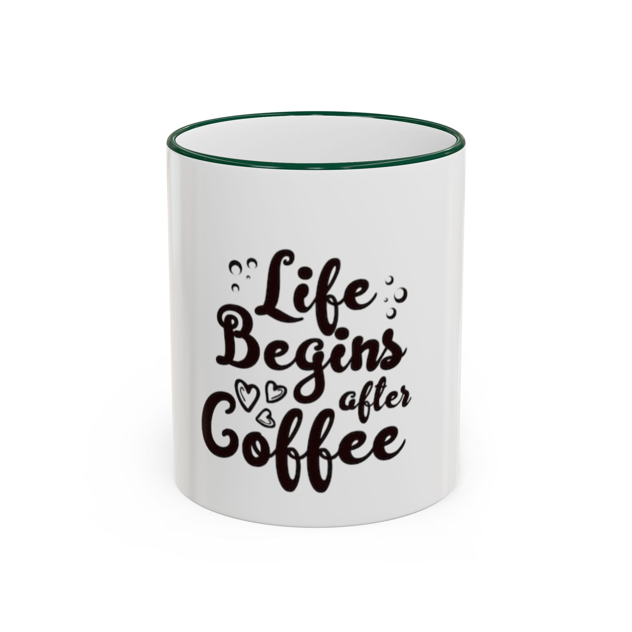 Life Begins After Coffee Accent Rim Mug — Cute Script Coffee Lover Gift (11oz/15oz)