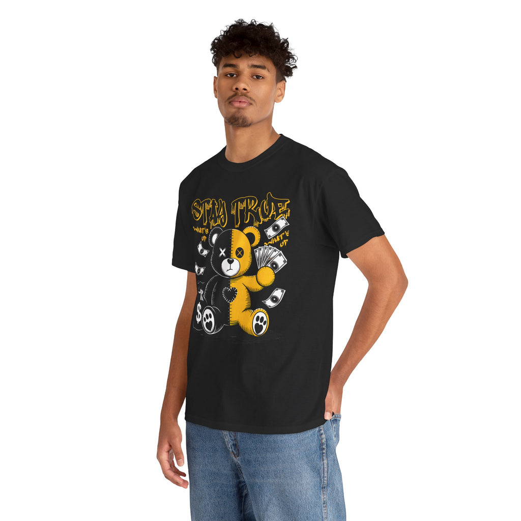 Stay True Bear Graphic Tee — Cute Black & Yellow Money Bear Shirt