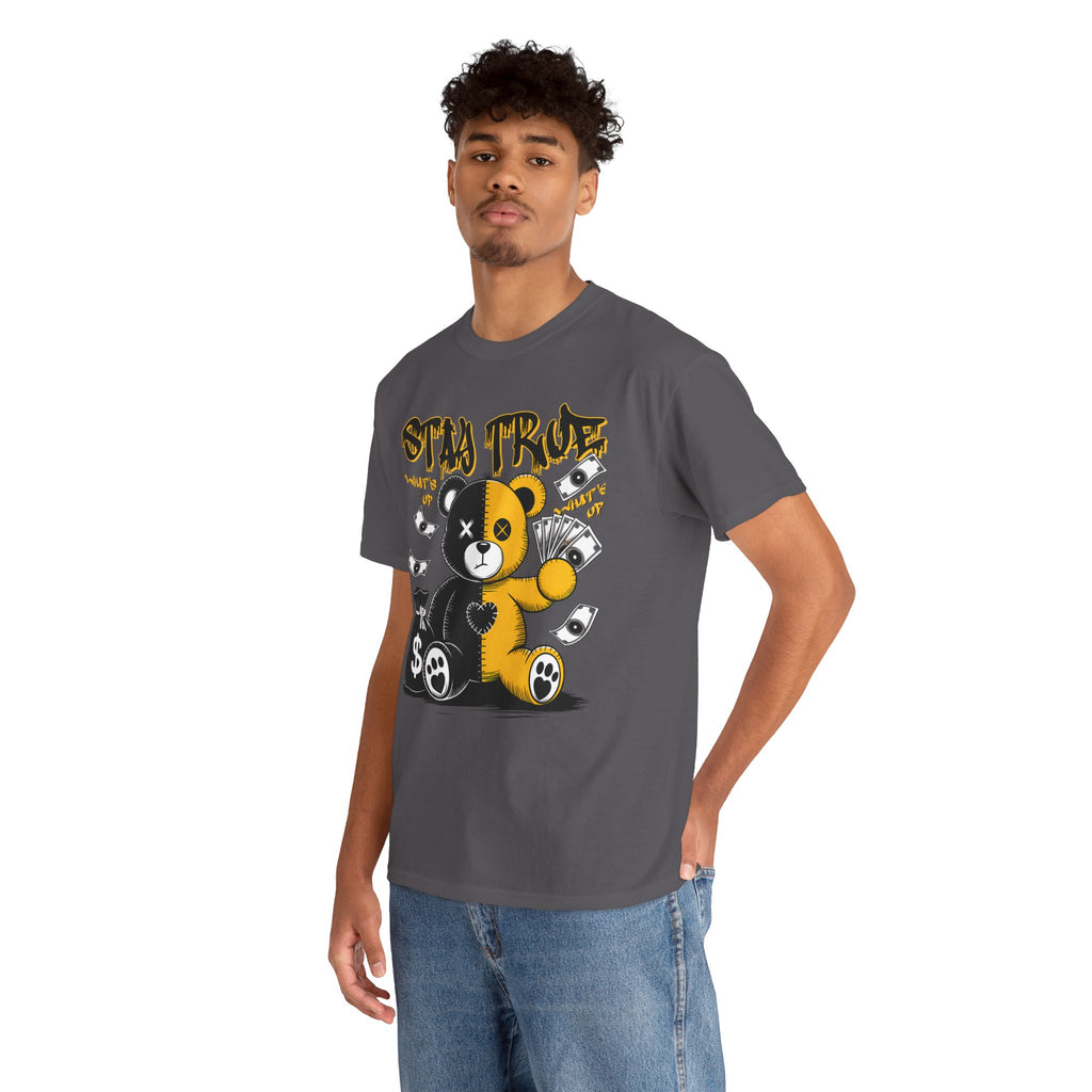Stay True Bear Graphic Tee — Cute Black & Yellow Money Bear Shirt
