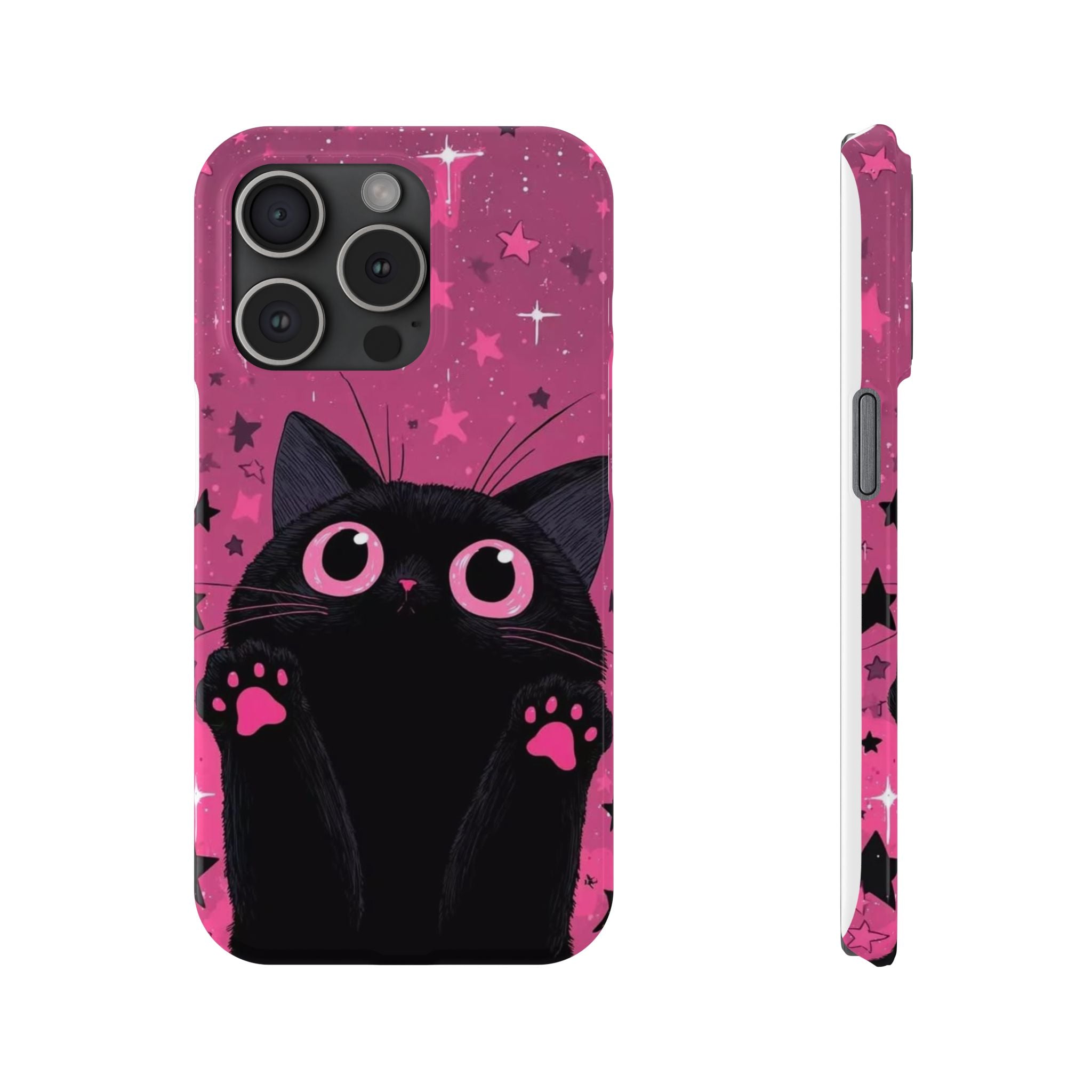 Cute Black Cat with Pink Paws Slim Phone Case | Starry Background